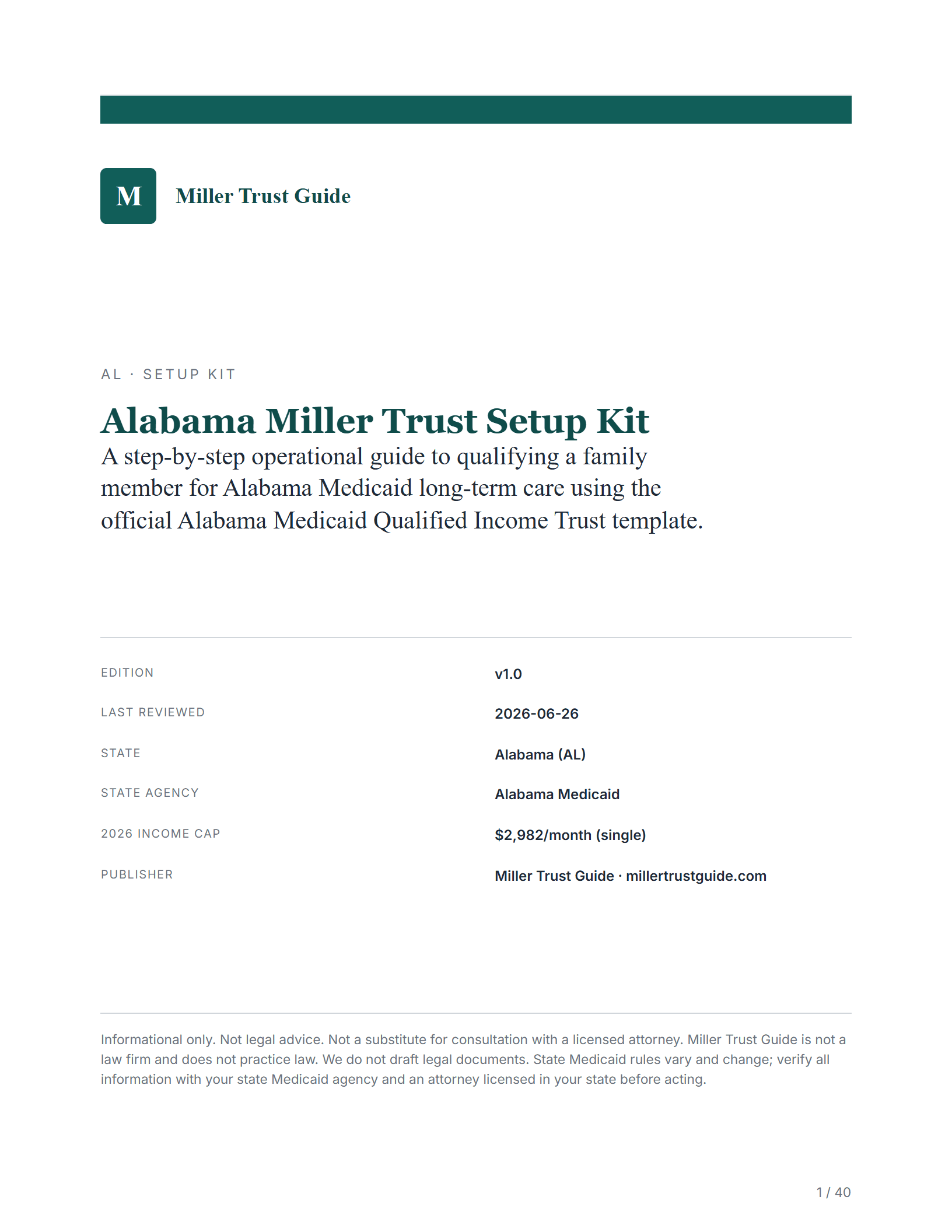 Cover & key facts — sample page from the Alabama Qualifying Income Trust kit