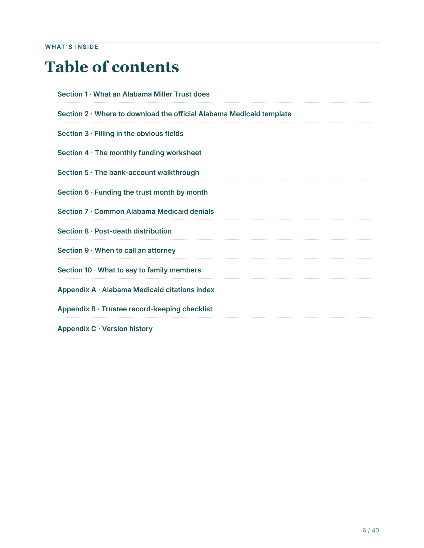 Table of contents — sample page from the Alabama Qualifying Income Trust kit