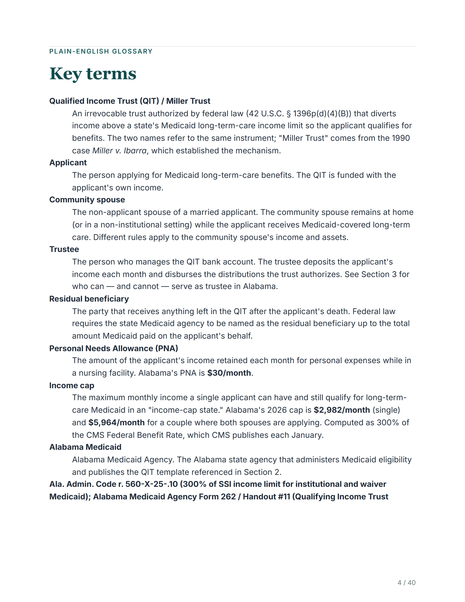 Plain-English glossary — sample page from the Alabama Qualifying Income Trust kit