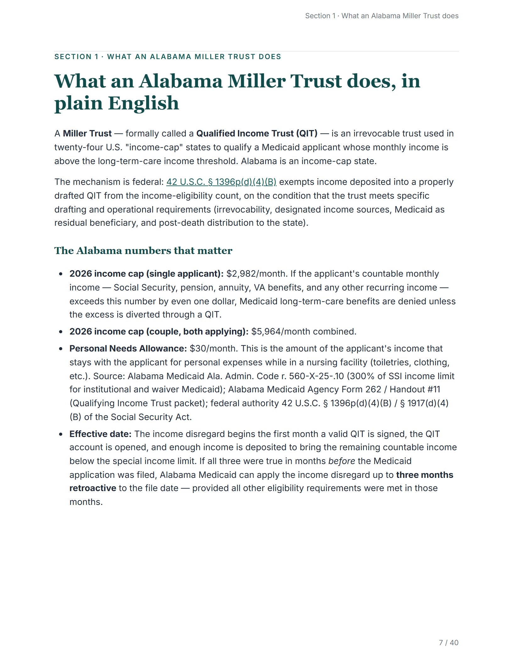 What it does, in plain English — sample page from the Alabama Qualifying Income Trust kit