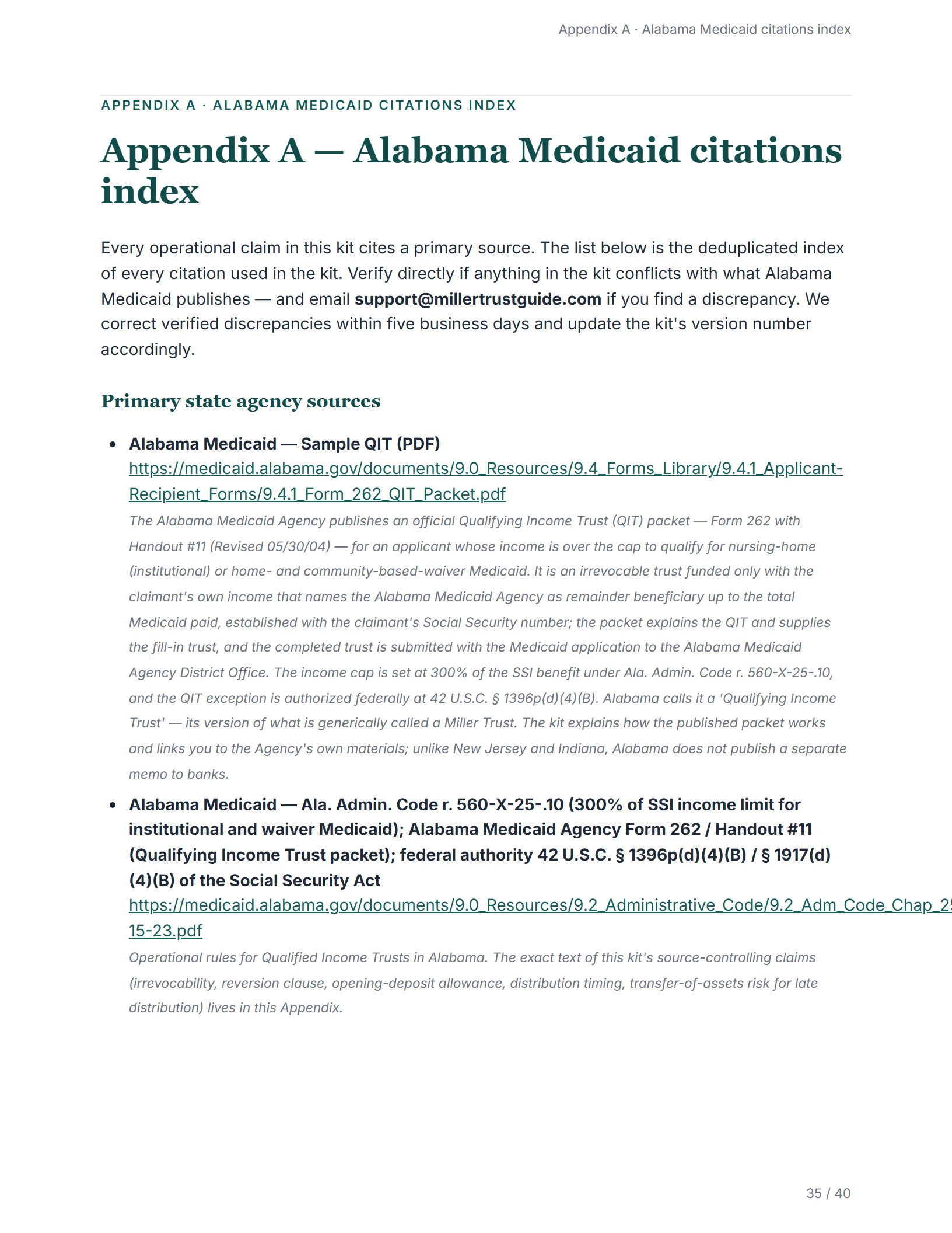 Citations index — sample page from the Alabama Qualifying Income Trust kit