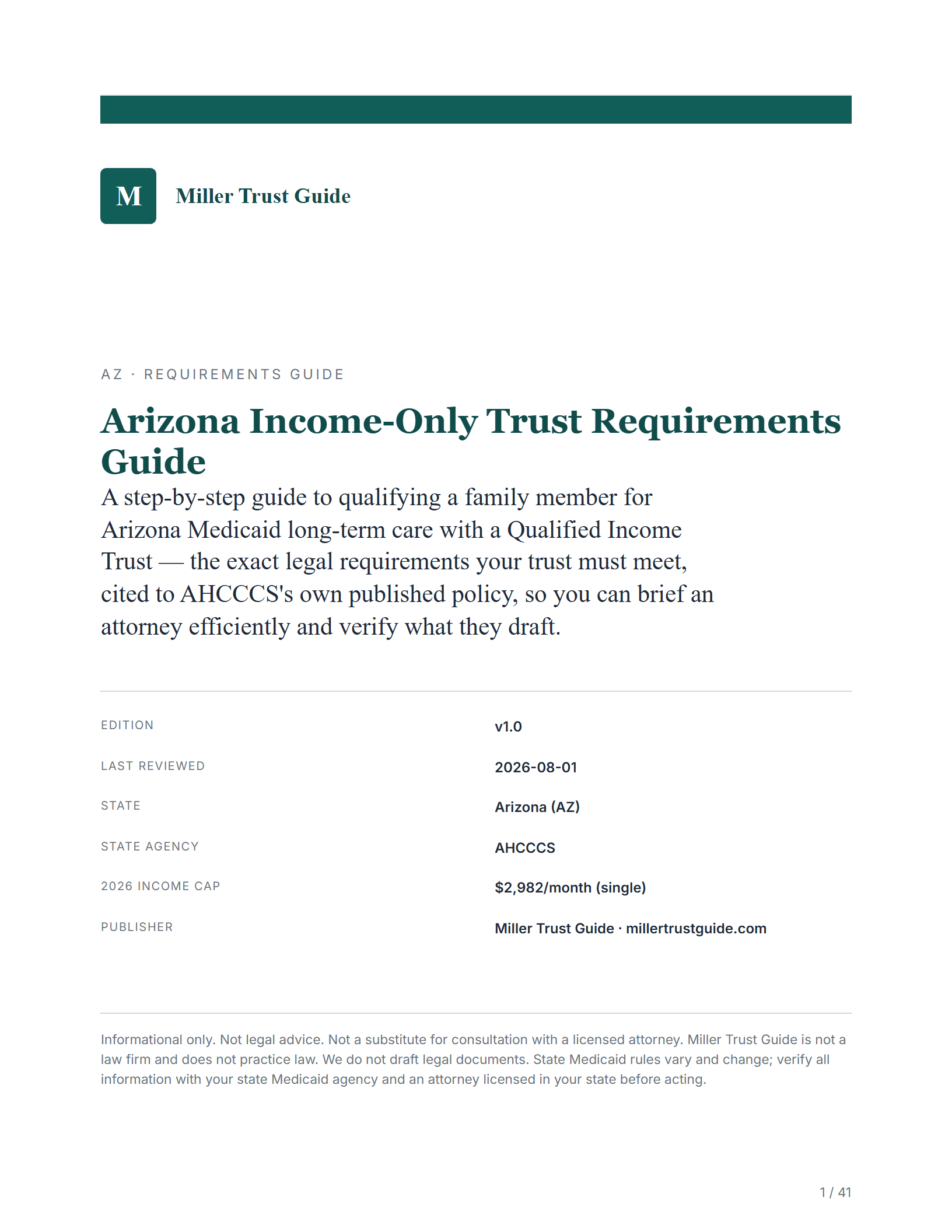 Cover & key facts — sample page from the Arizona Income-Only Trust guide