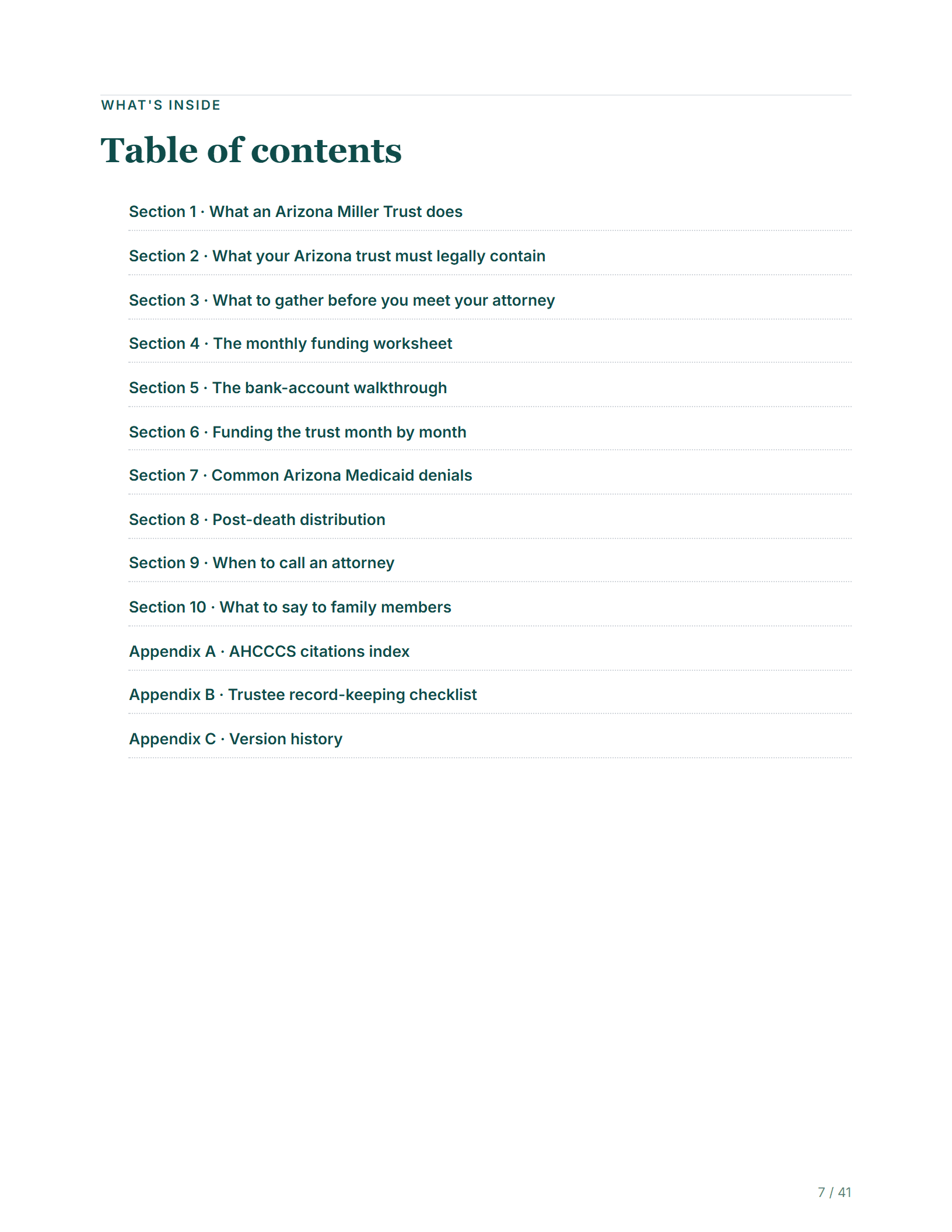 Table of contents — sample page from the Arizona Income-Only Trust guide