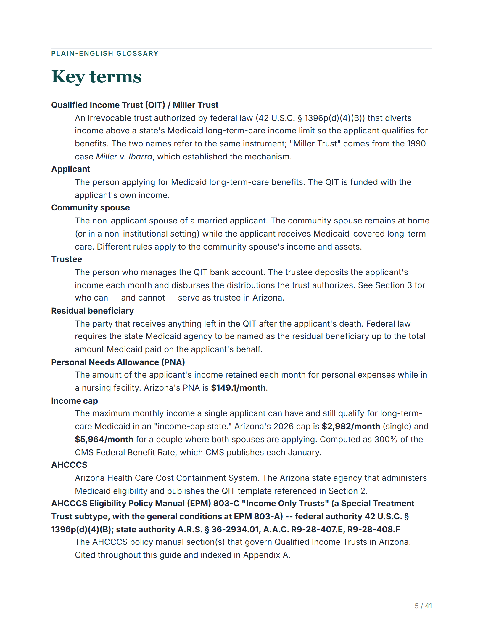 Plain-English glossary — sample page from the Arizona Income-Only Trust guide