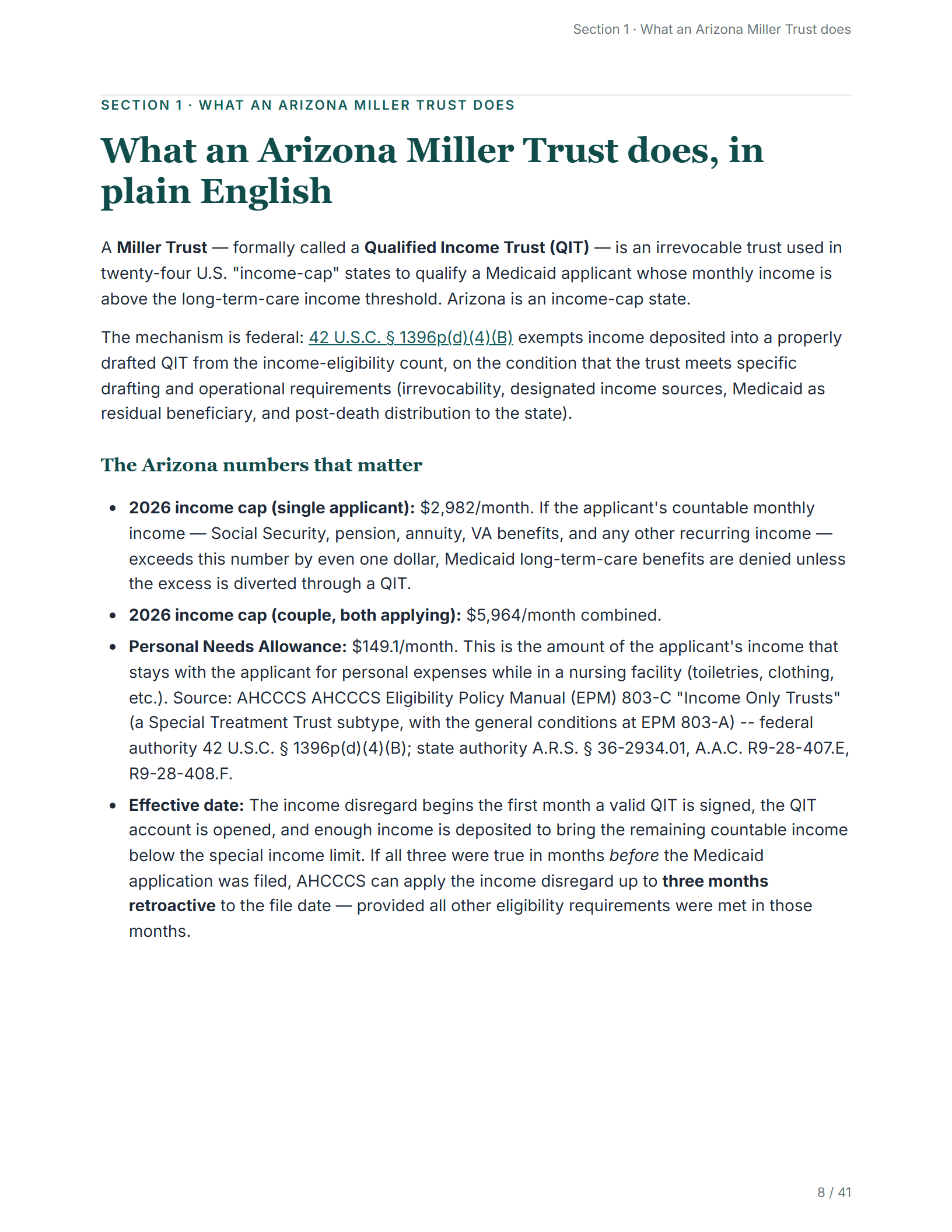 What it does, in plain English — sample page from the Arizona Income-Only Trust guide