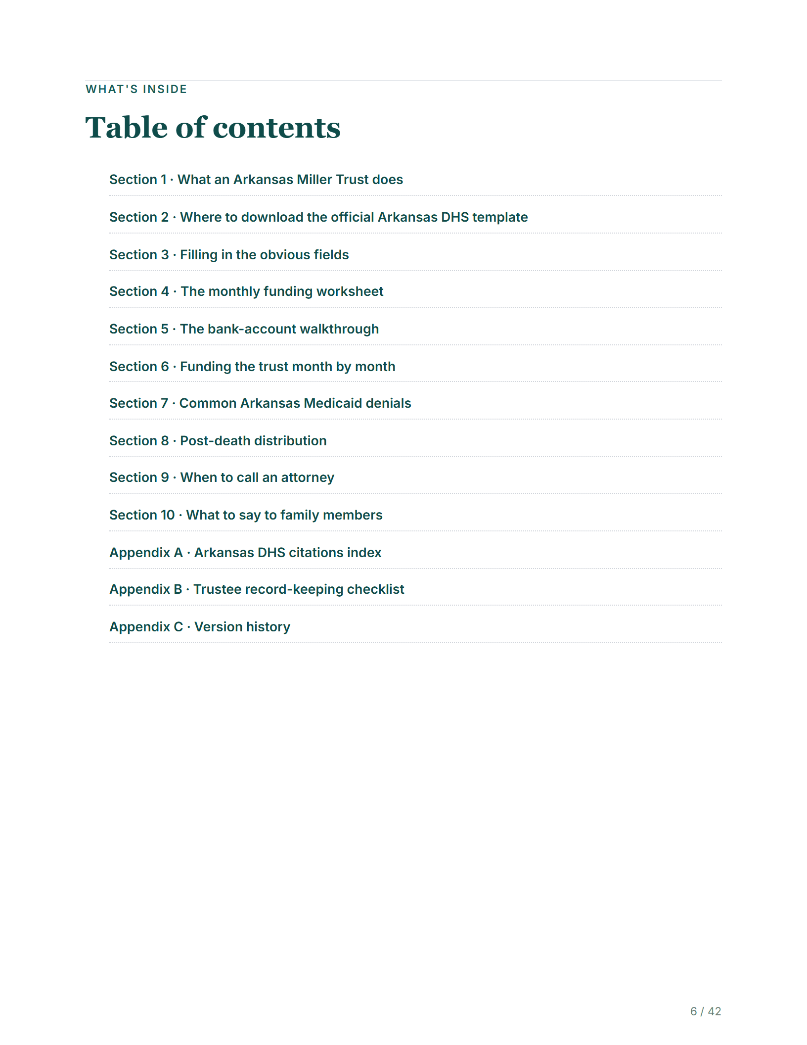 Table of contents — sample page from the Arkansas Income Trust kit