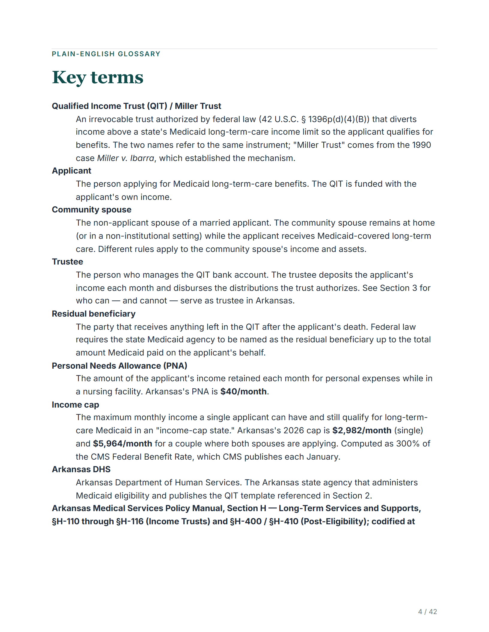 Plain-English glossary — sample page from the Arkansas Income Trust kit