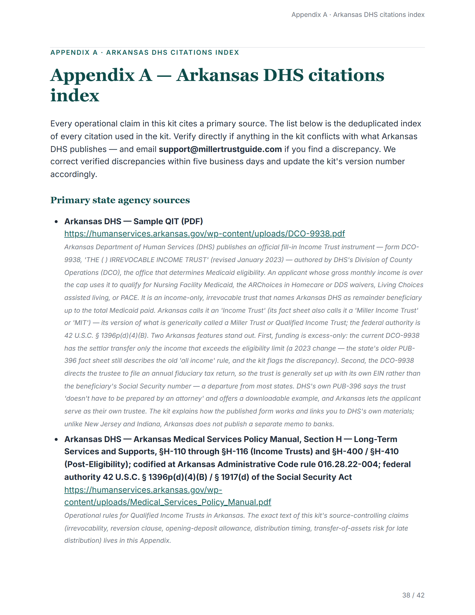 Citations index — sample page from the Arkansas Income Trust kit
