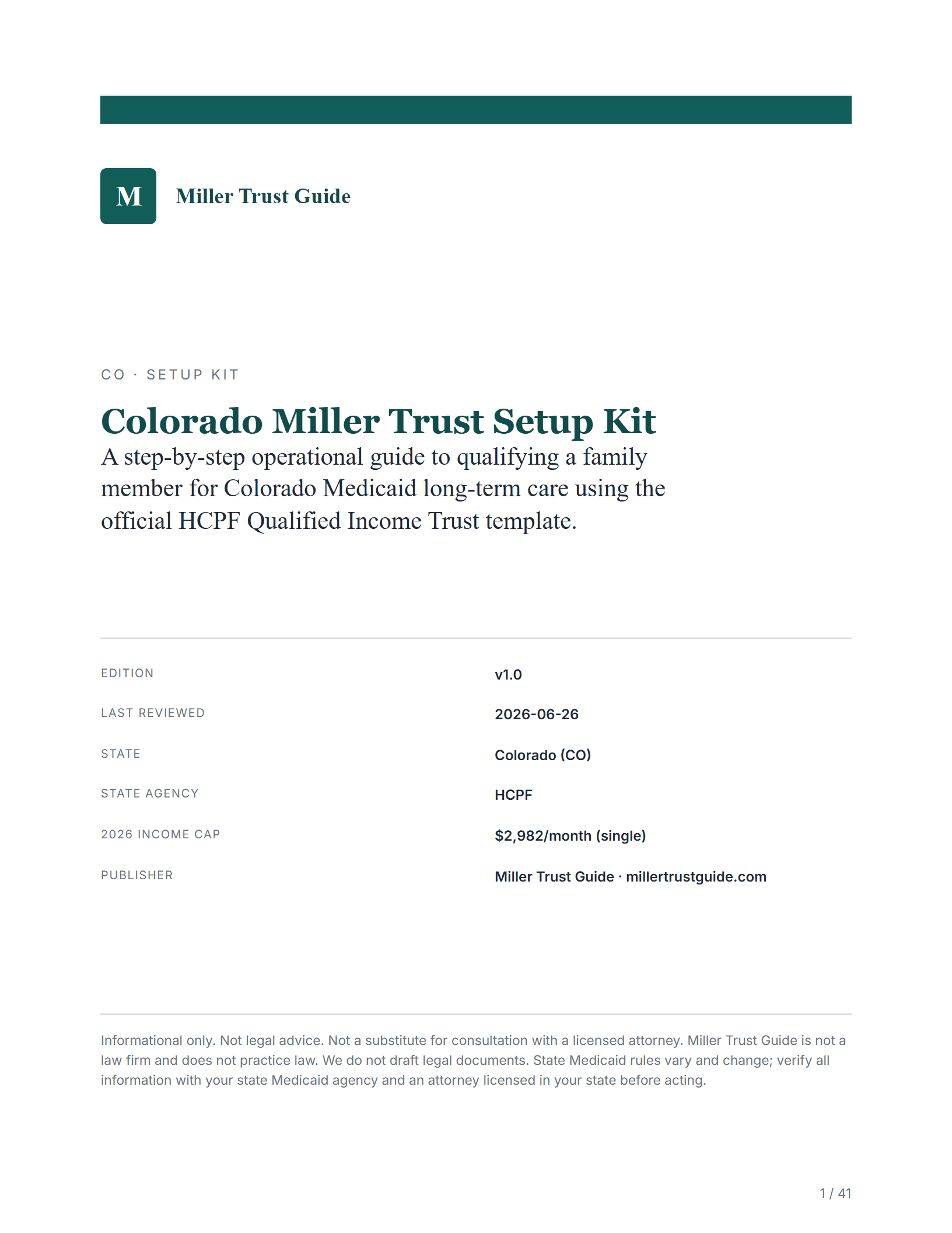 Cover & key facts — sample page from the Colorado Income Trust kit