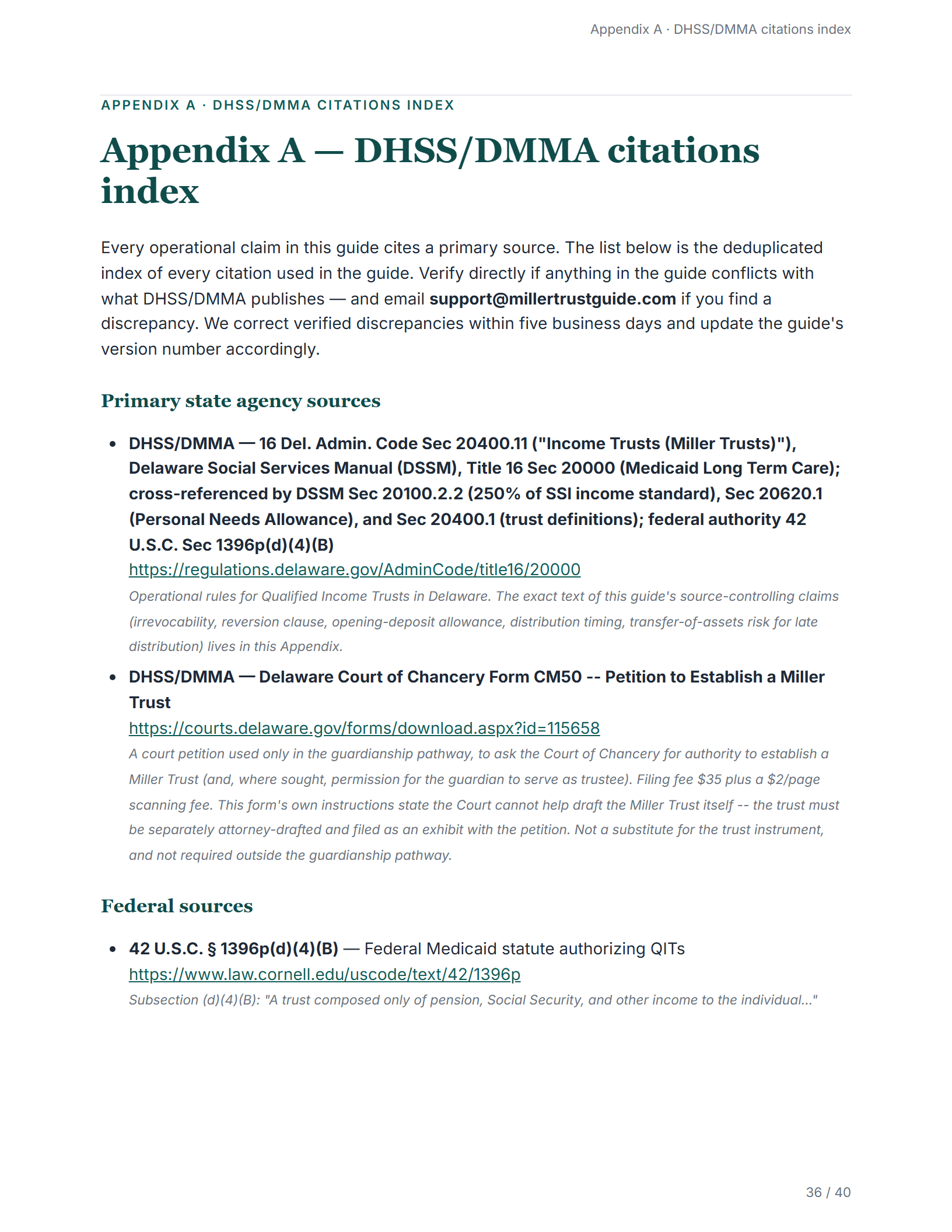 Citations index — sample page from the Delaware Miller Trust guide