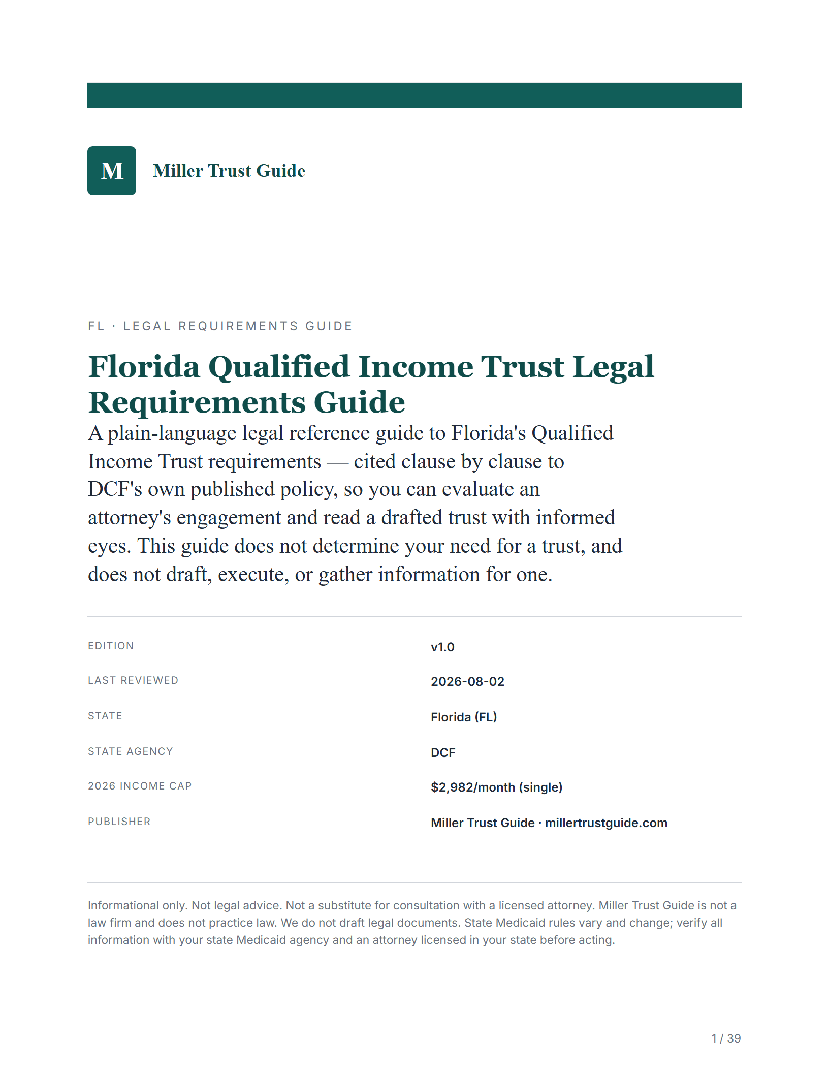 Cover & key facts — sample page from the Florida Qualified Income Trust guide