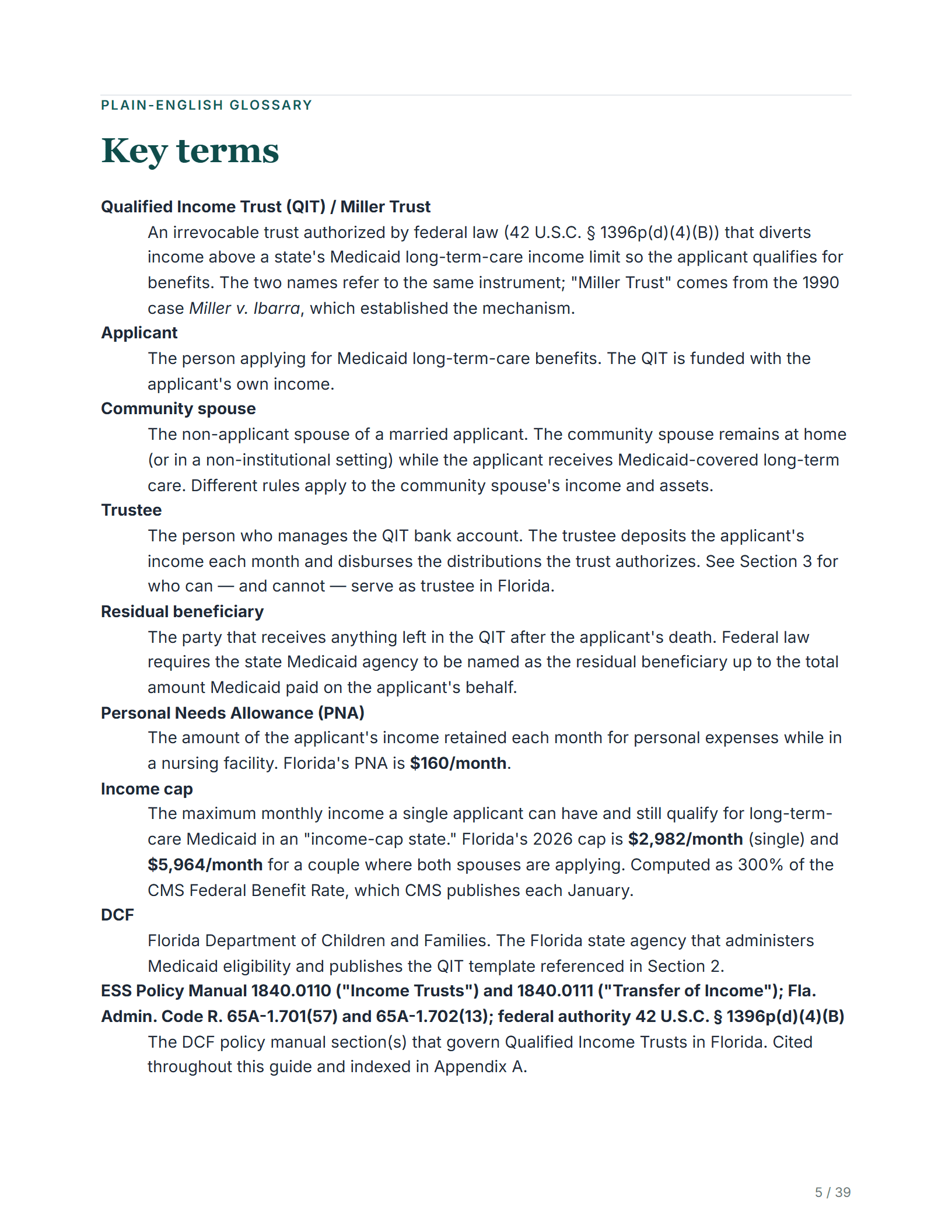 Plain-English glossary — sample page from the Florida Qualified Income Trust guide