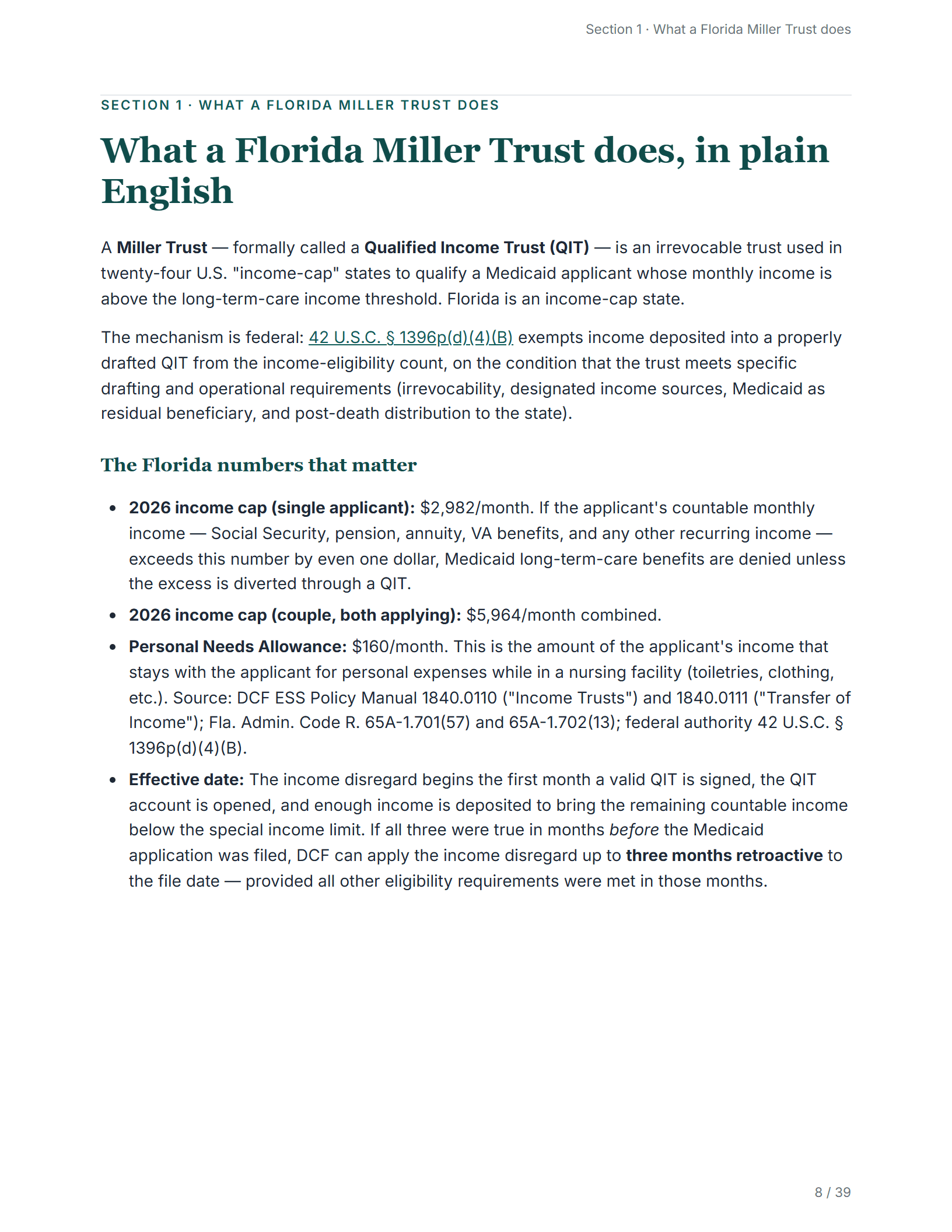 What it does, in plain English — sample page from the Florida Qualified Income Trust guide