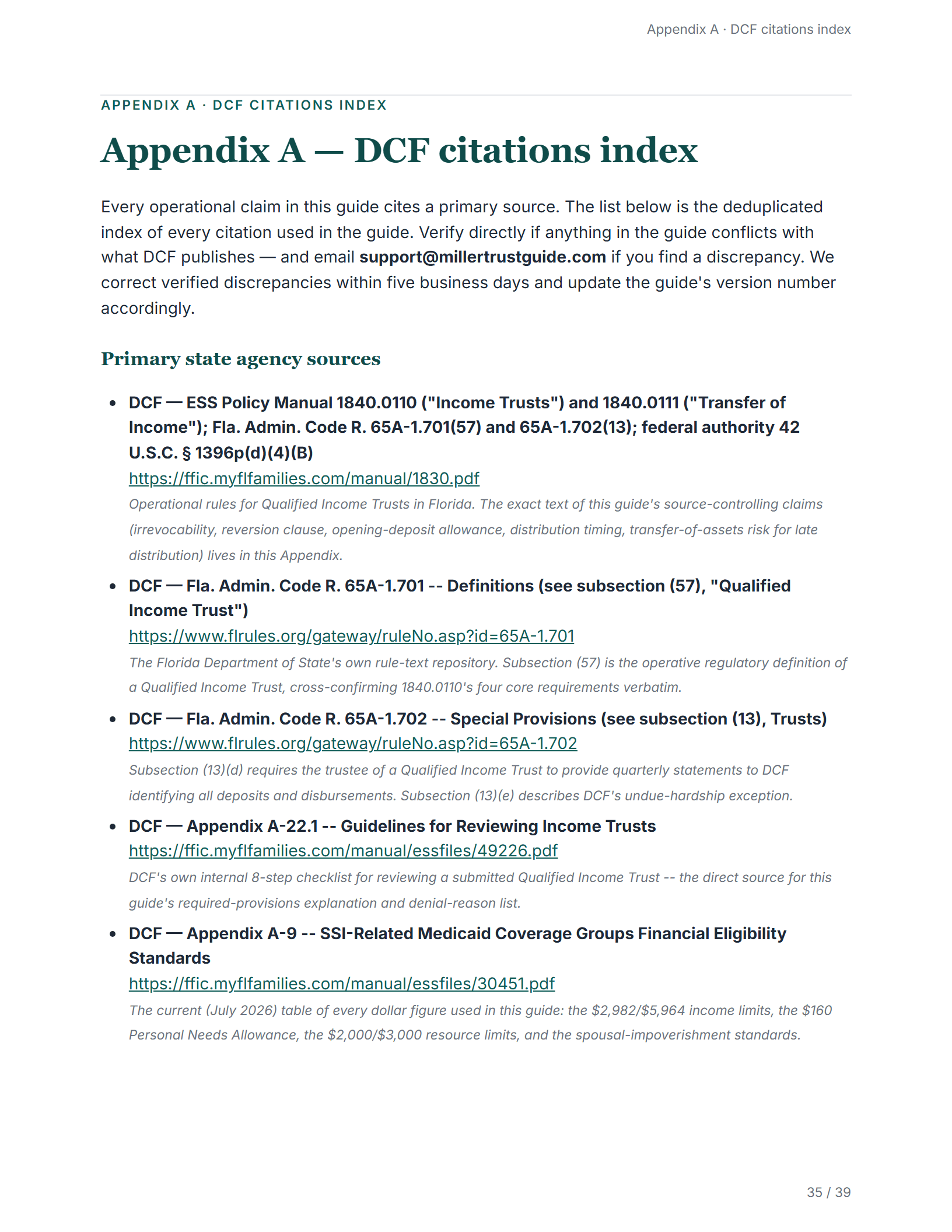 Citations index — sample page from the Florida Qualified Income Trust guide