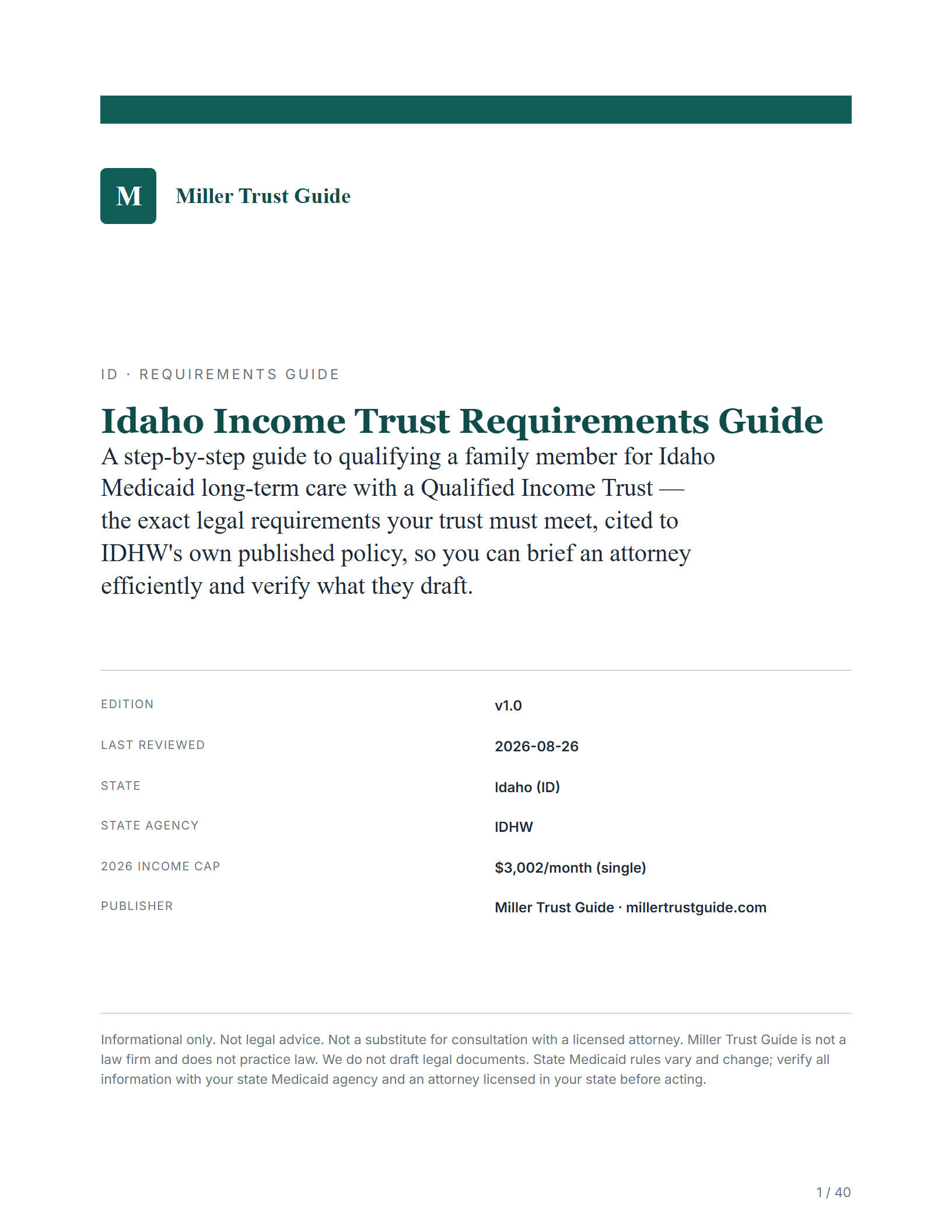 Cover & key facts — sample page from the Idaho Income Trust guide