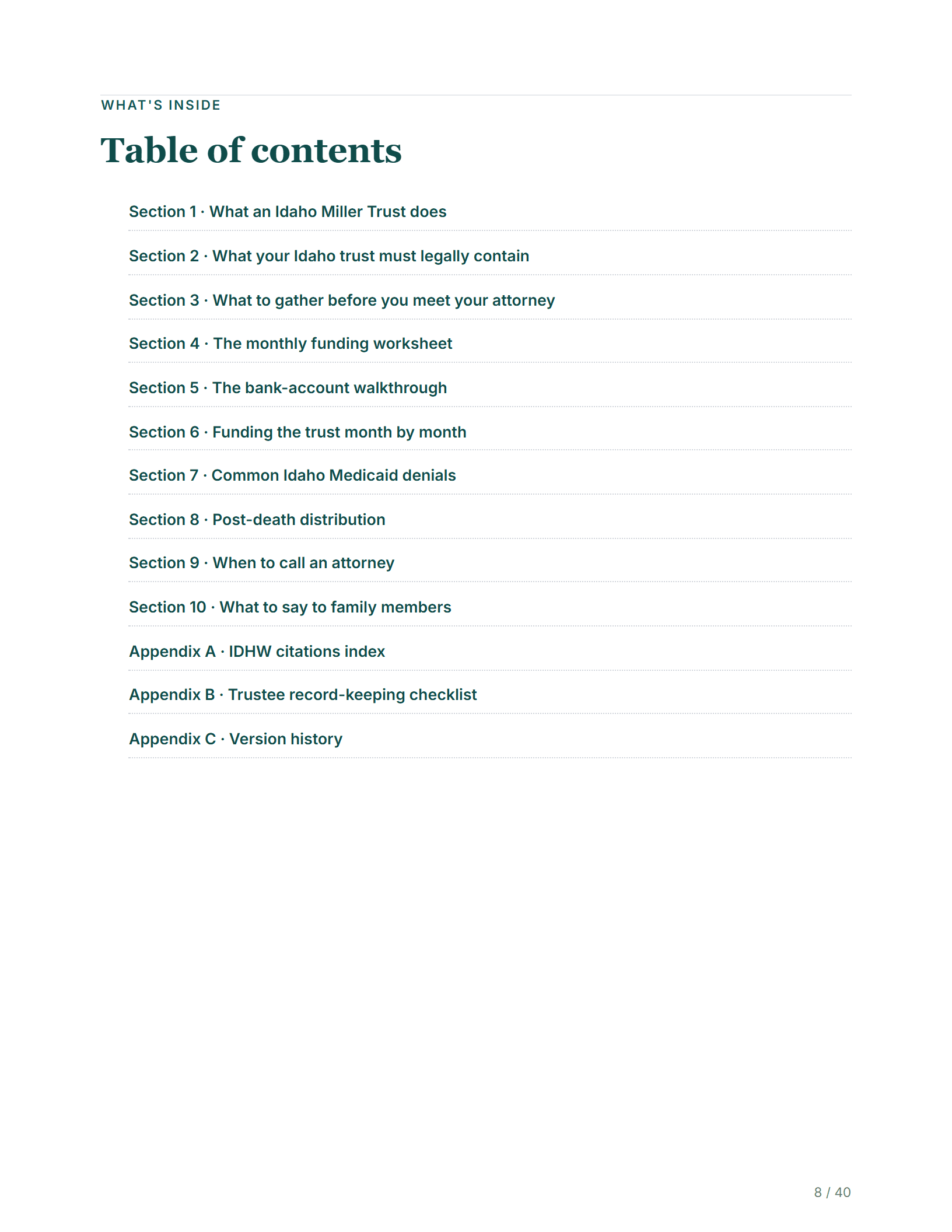 Table of contents — sample page from the Idaho Income Trust guide