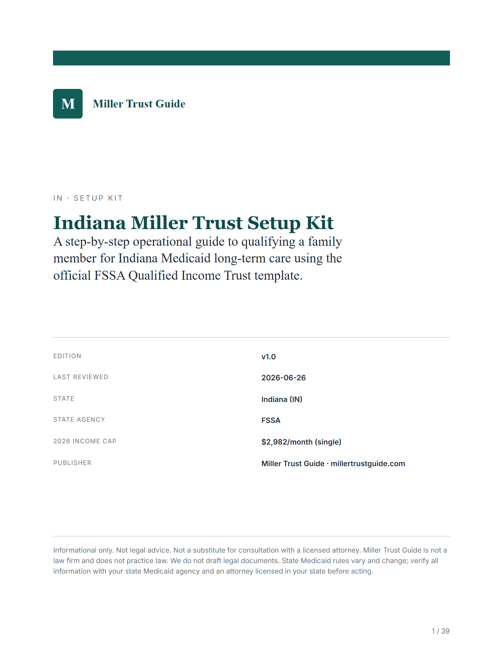 Cover & key facts — sample page from the Indiana Miller Trust kit