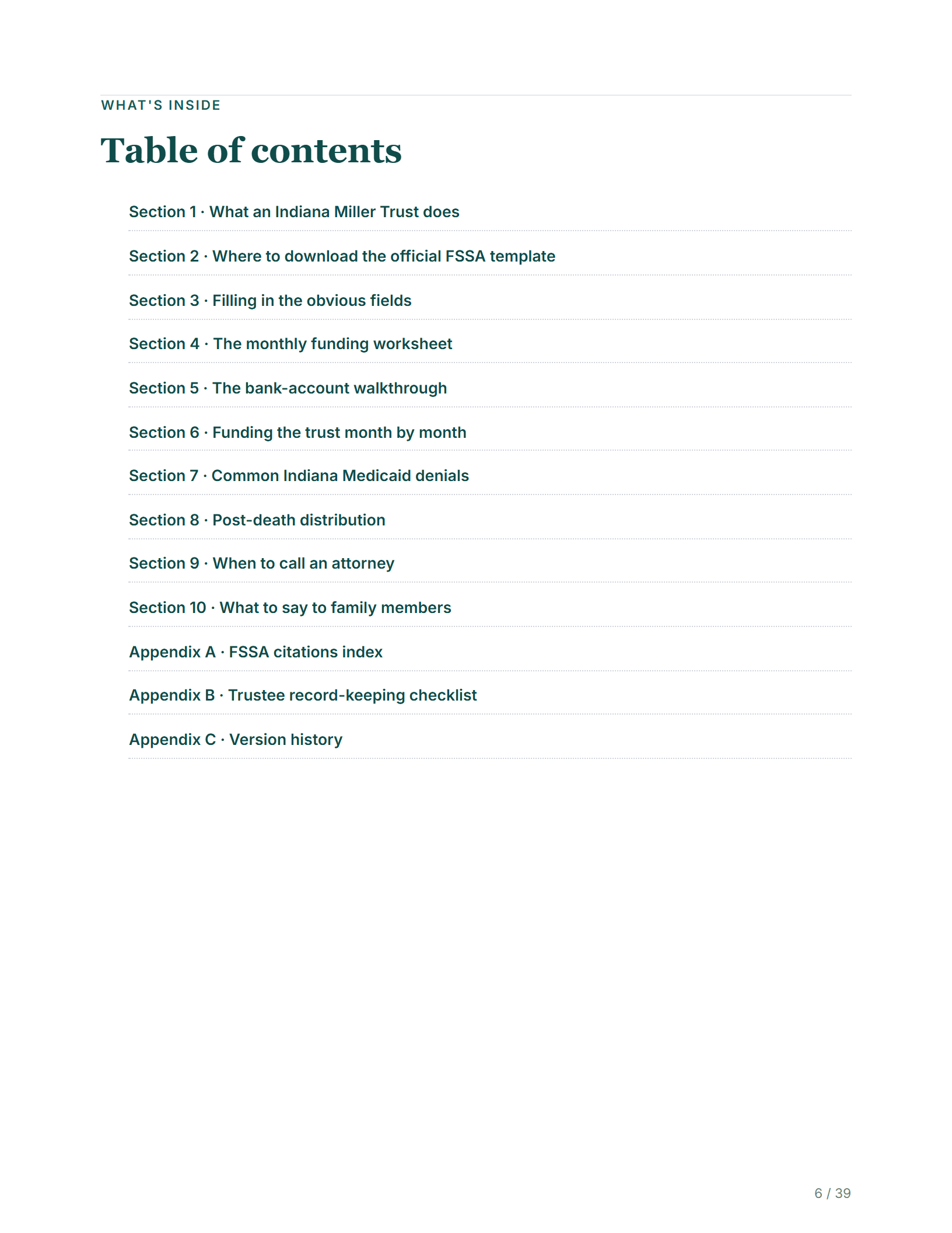 Table of contents — sample page from the Indiana Miller Trust kit