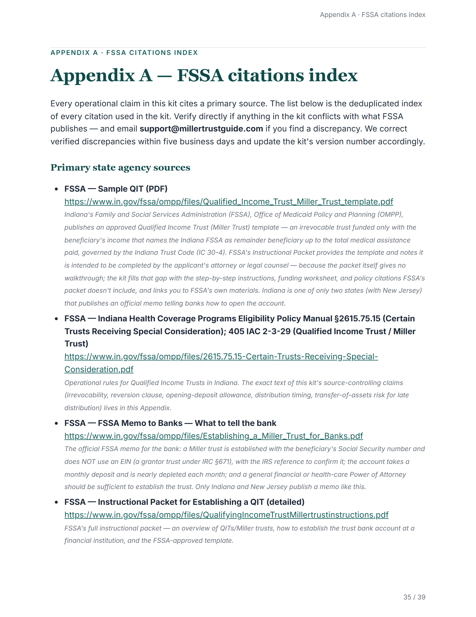 Citations index — sample page from the Indiana Miller Trust kit