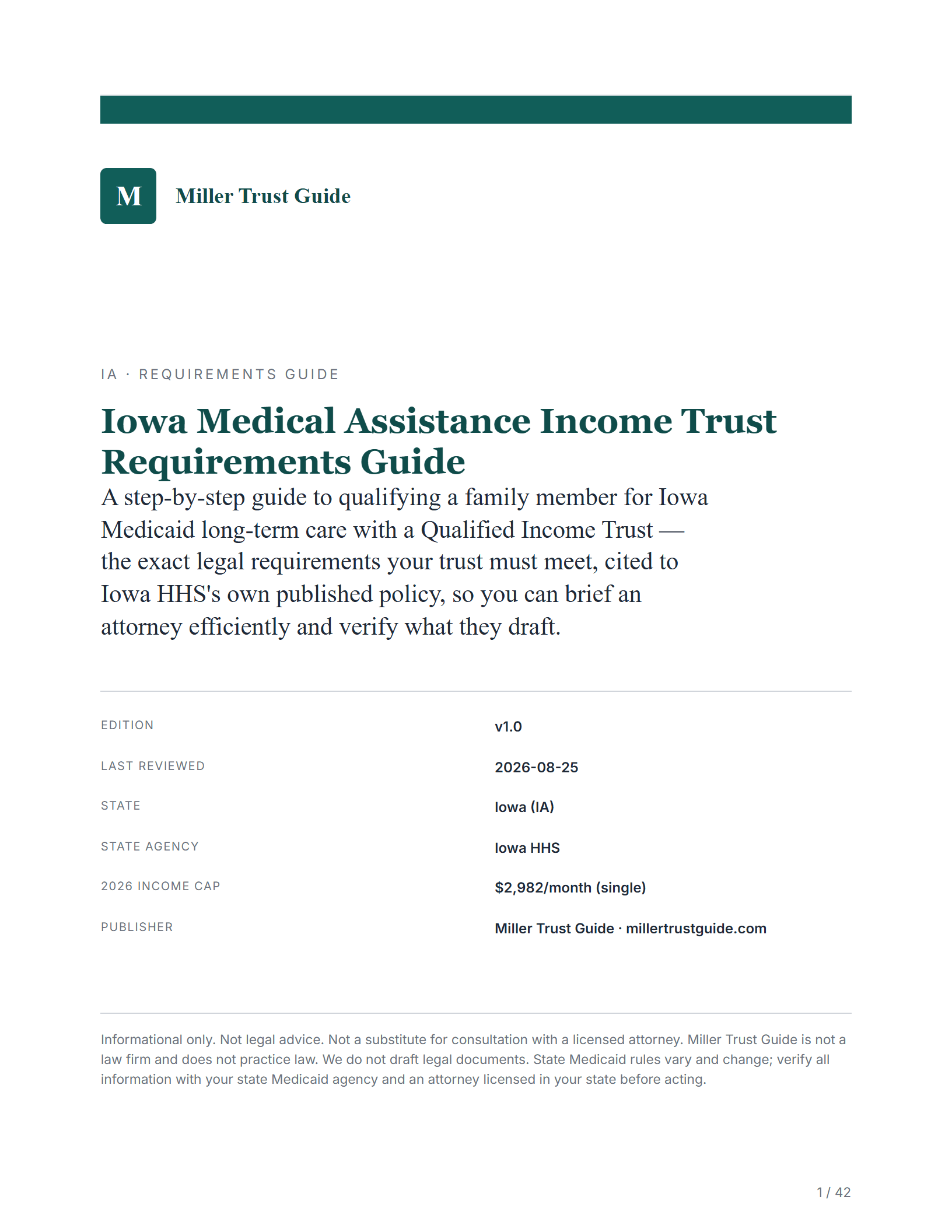 Cover & key facts — sample page from the Iowa Medical Assistance Income Trust guide