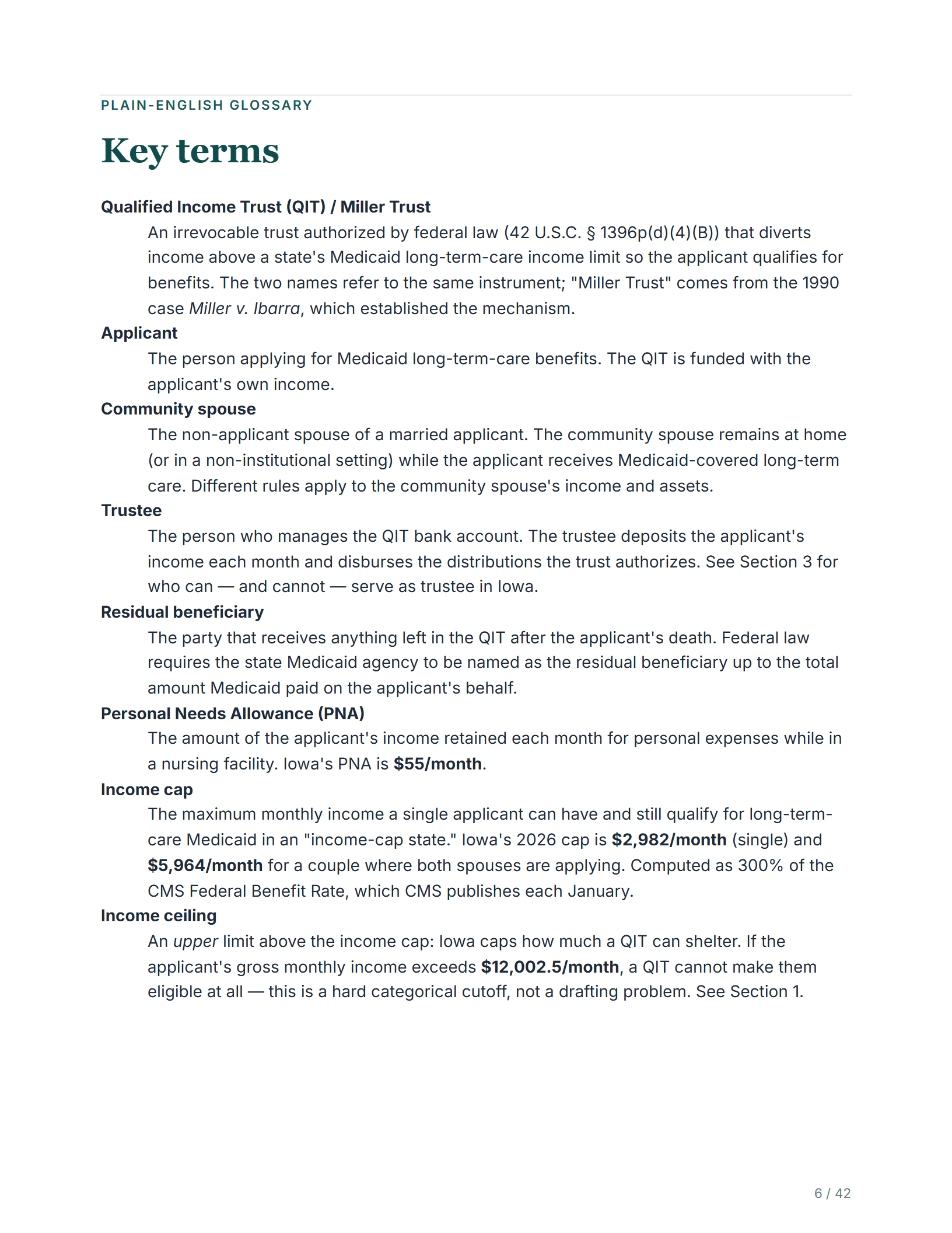 Plain-English glossary — sample page from the Iowa Medical Assistance Income Trust guide