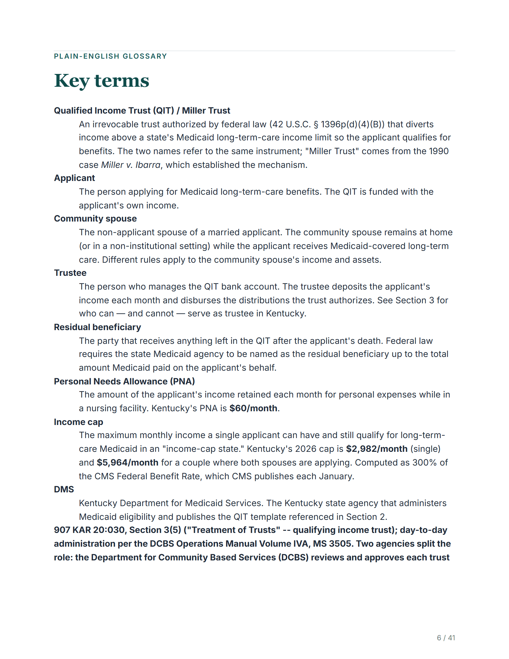 Plain-English glossary — sample page from the Kentucky Qualifying Income Trust guide