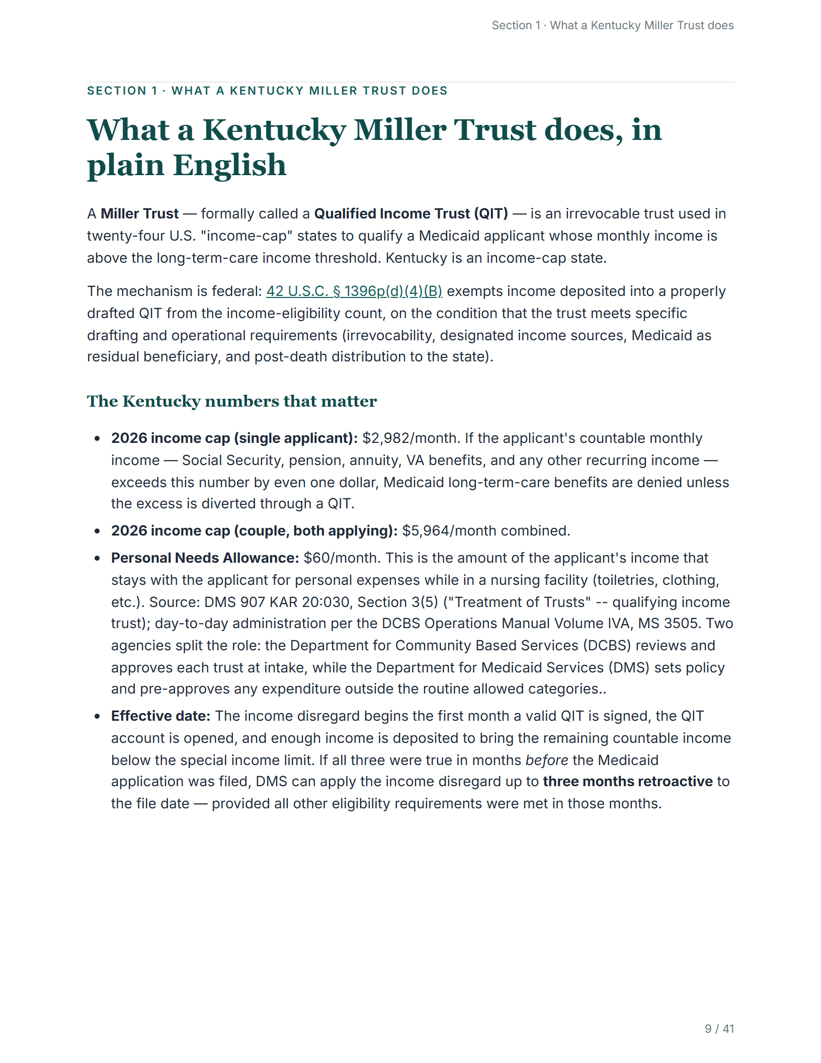 What it does, in plain English — sample page from the Kentucky Qualifying Income Trust guide