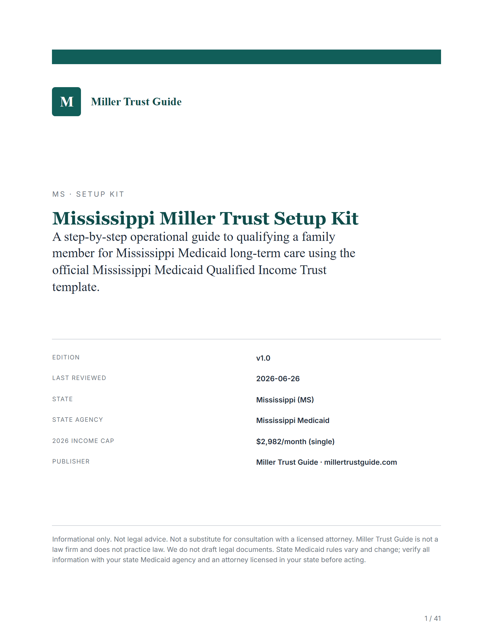 Cover & key facts — sample page from the Mississippi Income Trust kit