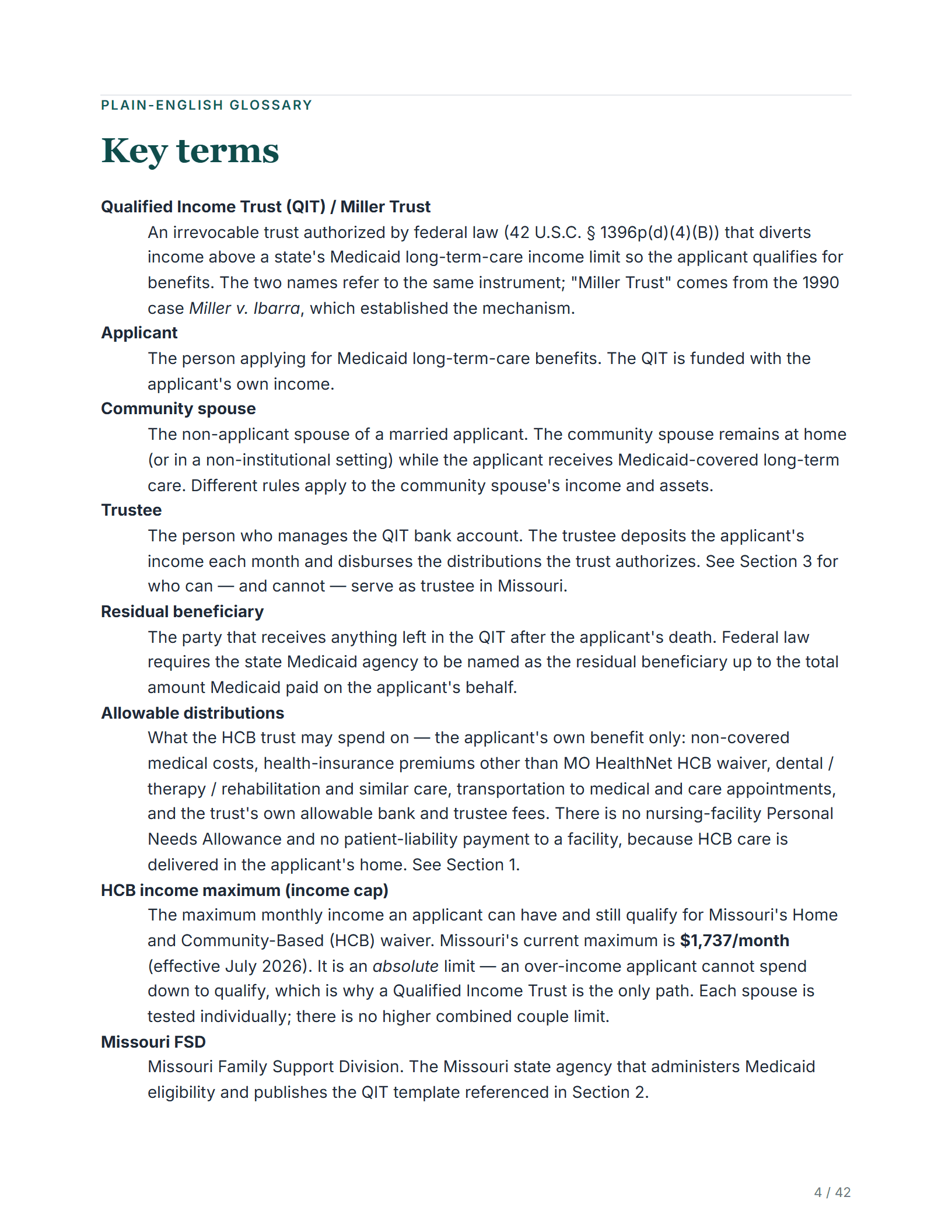 Plain-English glossary — sample page from the Missouri Qualified Income Trust kit