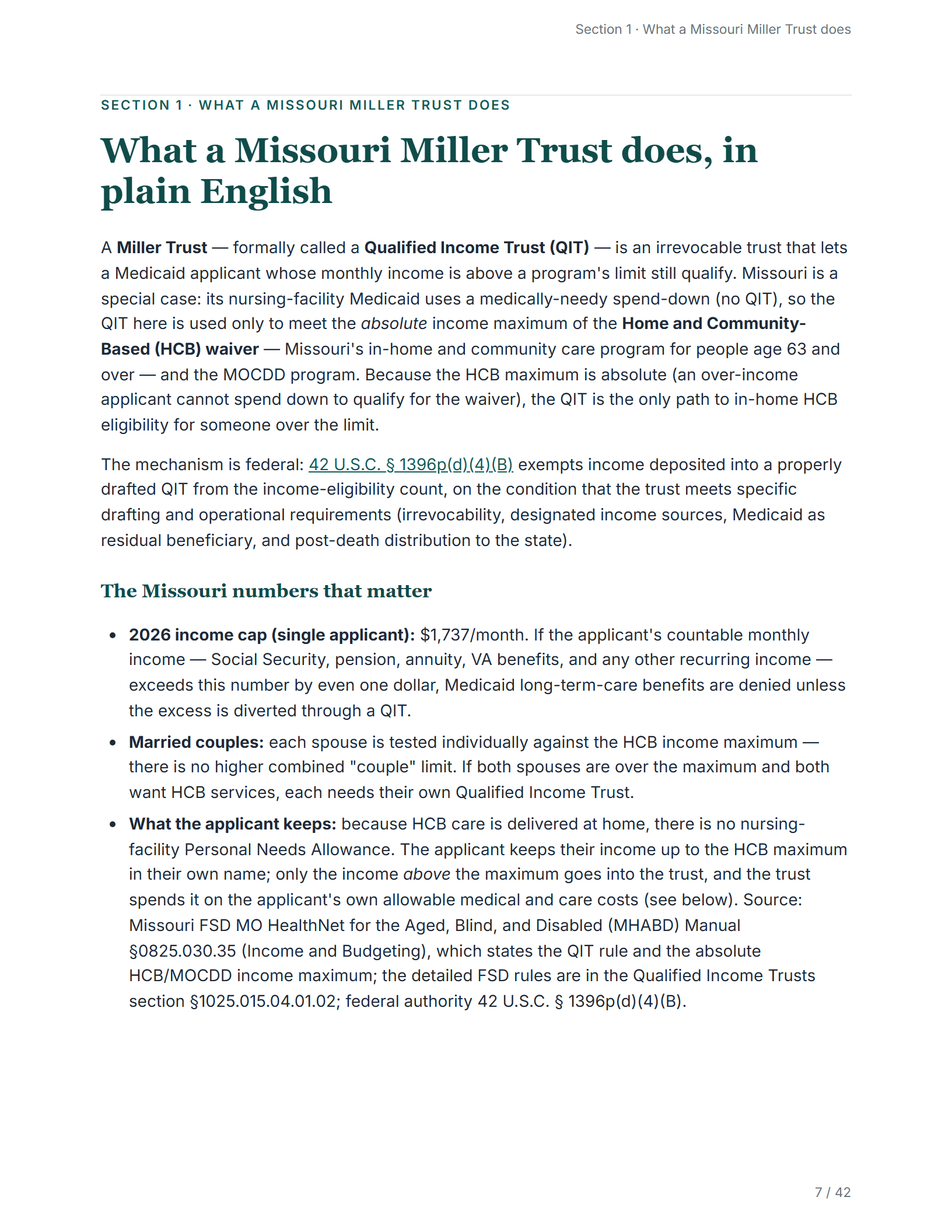 What it does, in plain English — sample page from the Missouri Qualified Income Trust kit