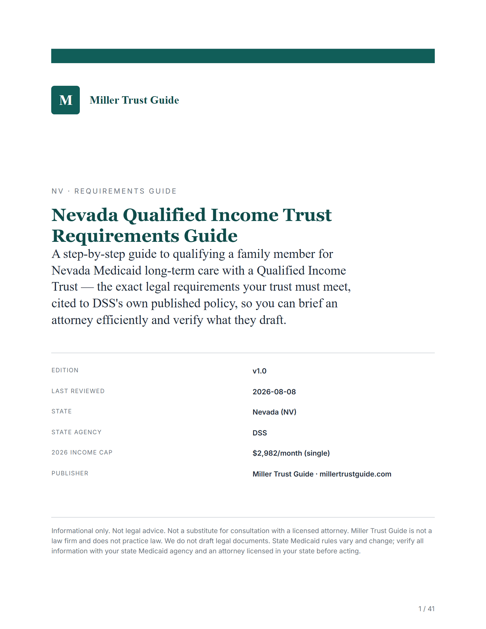 Cover & key facts — sample page from the Nevada Qualified Income Trust guide