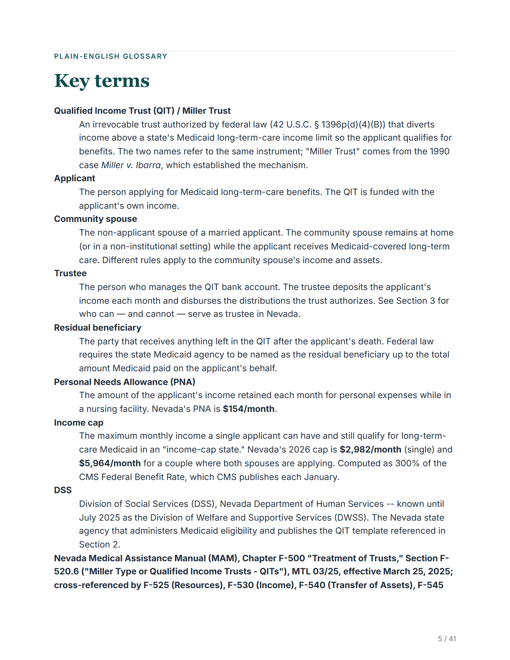 Plain-English glossary — sample page from the Nevada Qualified Income Trust guide