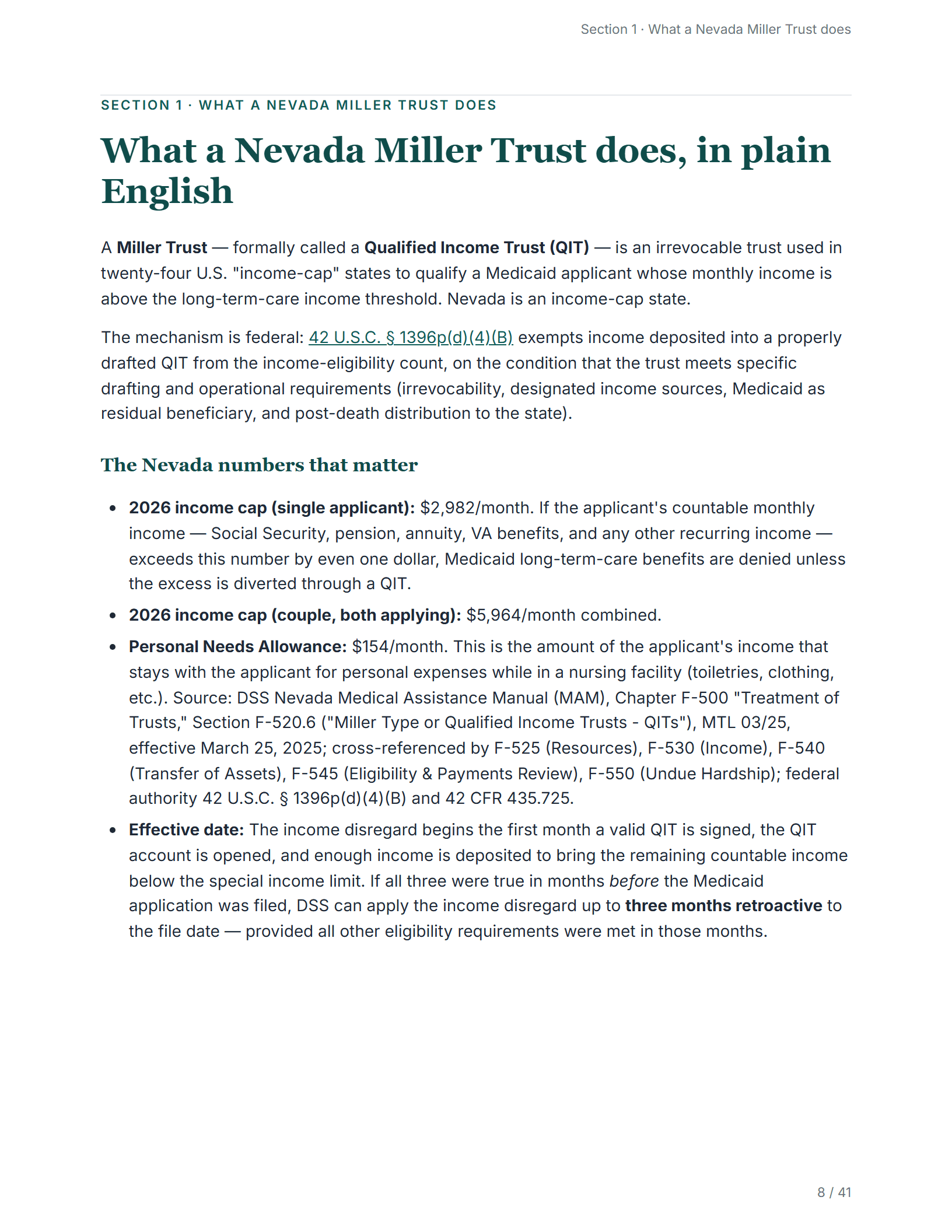 What it does, in plain English — sample page from the Nevada Qualified Income Trust guide