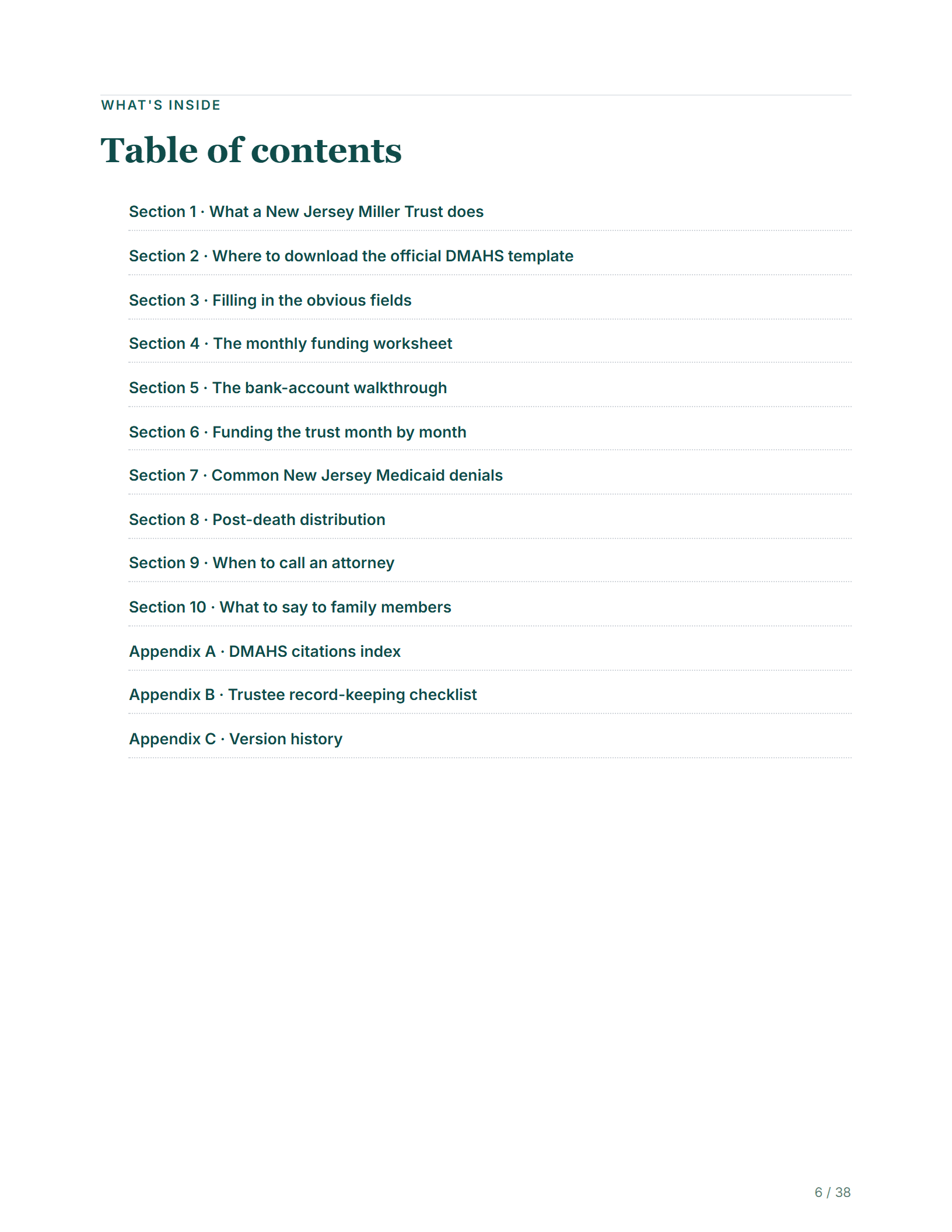 Table of contents — sample page from the New Jersey Qualified Income Trust kit