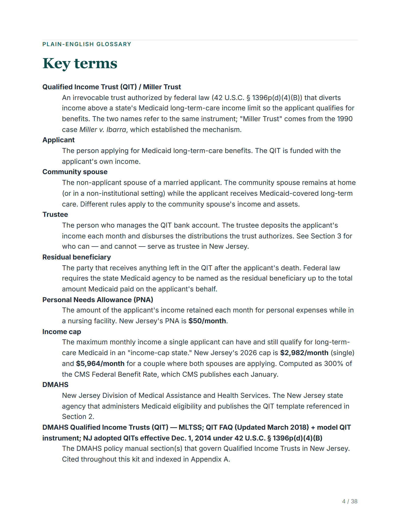 Plain-English glossary — sample page from the New Jersey Qualified Income Trust kit
