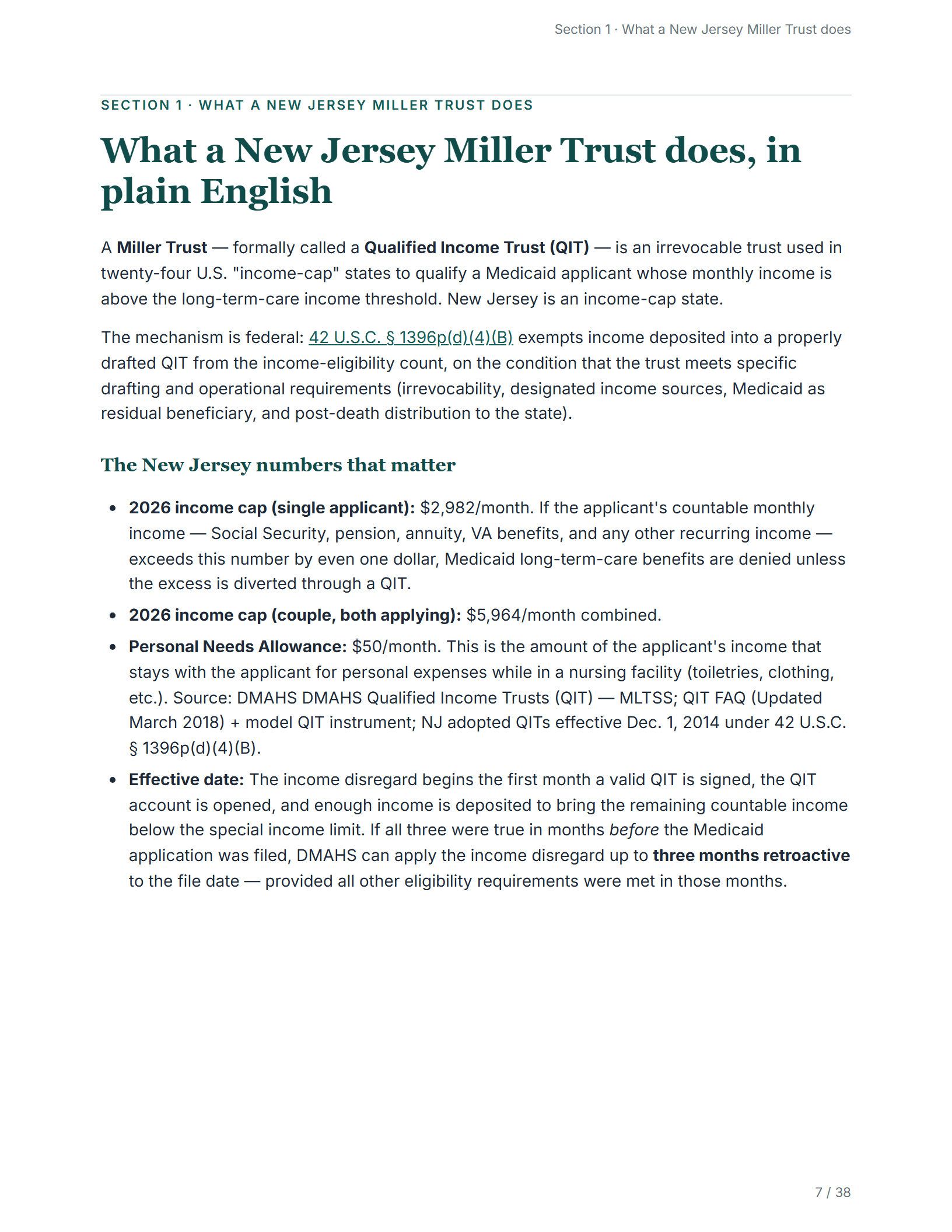What it does, in plain English — sample page from the New Jersey Qualified Income Trust kit