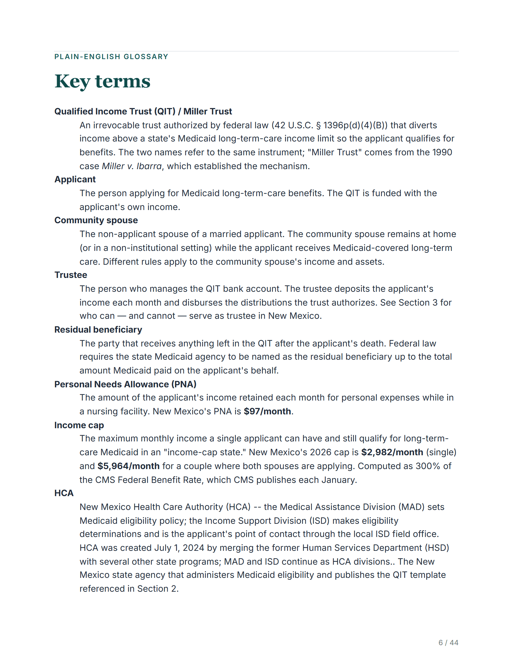 Plain-English glossary — sample page from the New Mexico Income Diversion Trust guide