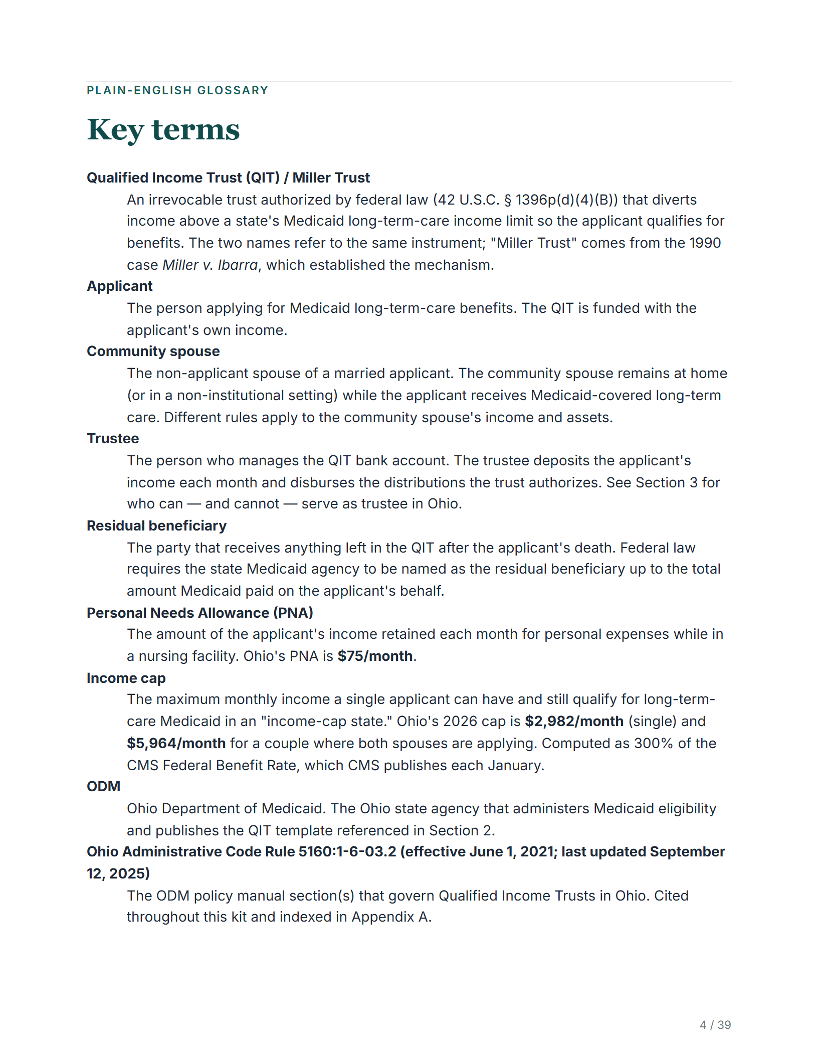 Plain-English glossary — sample page from the Ohio Miller Trust kit