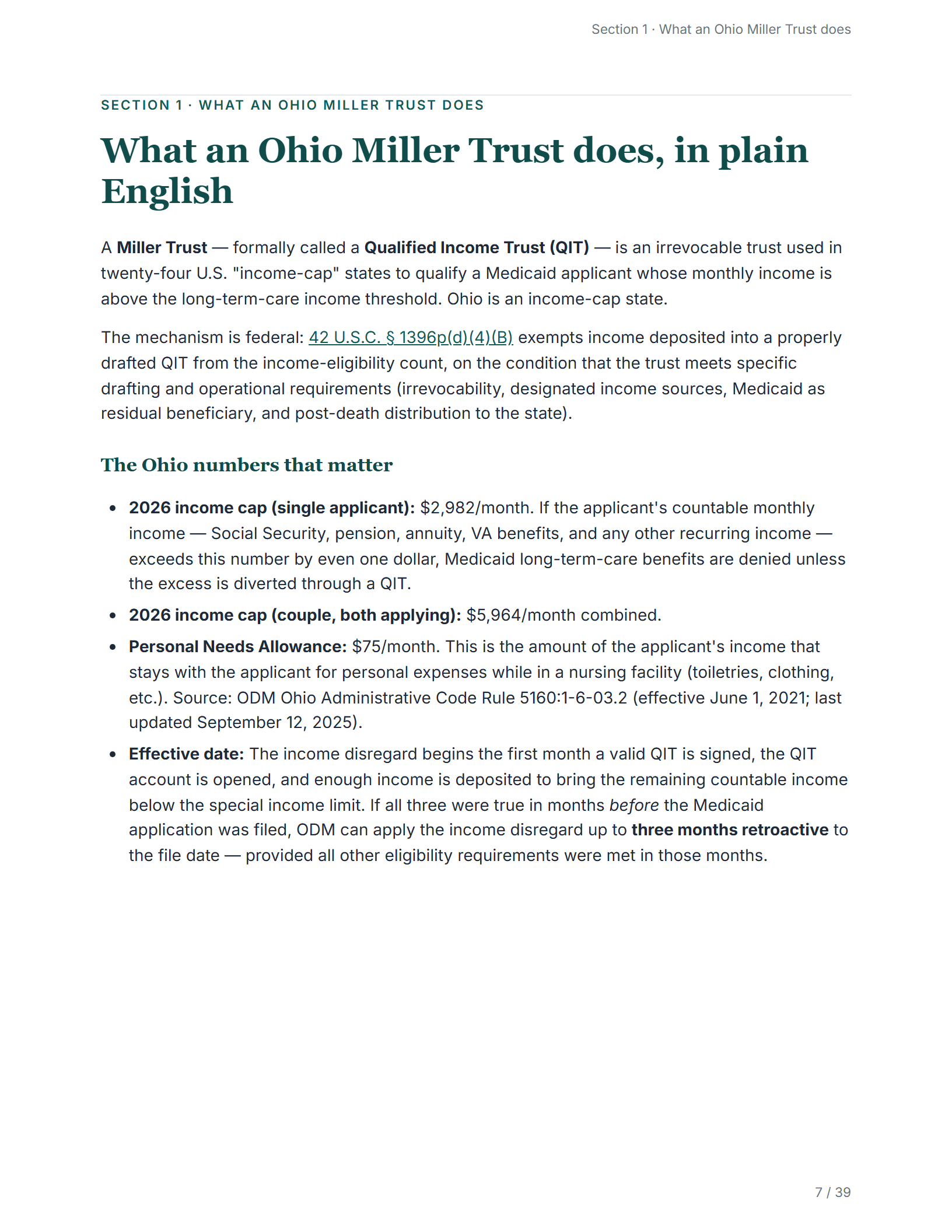 What it does, in plain English — sample page from the Ohio Miller Trust kit
