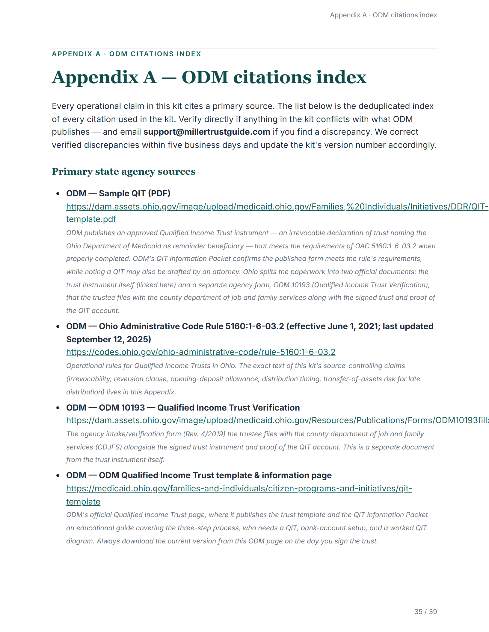 Citations index — sample page from the Ohio Miller Trust kit