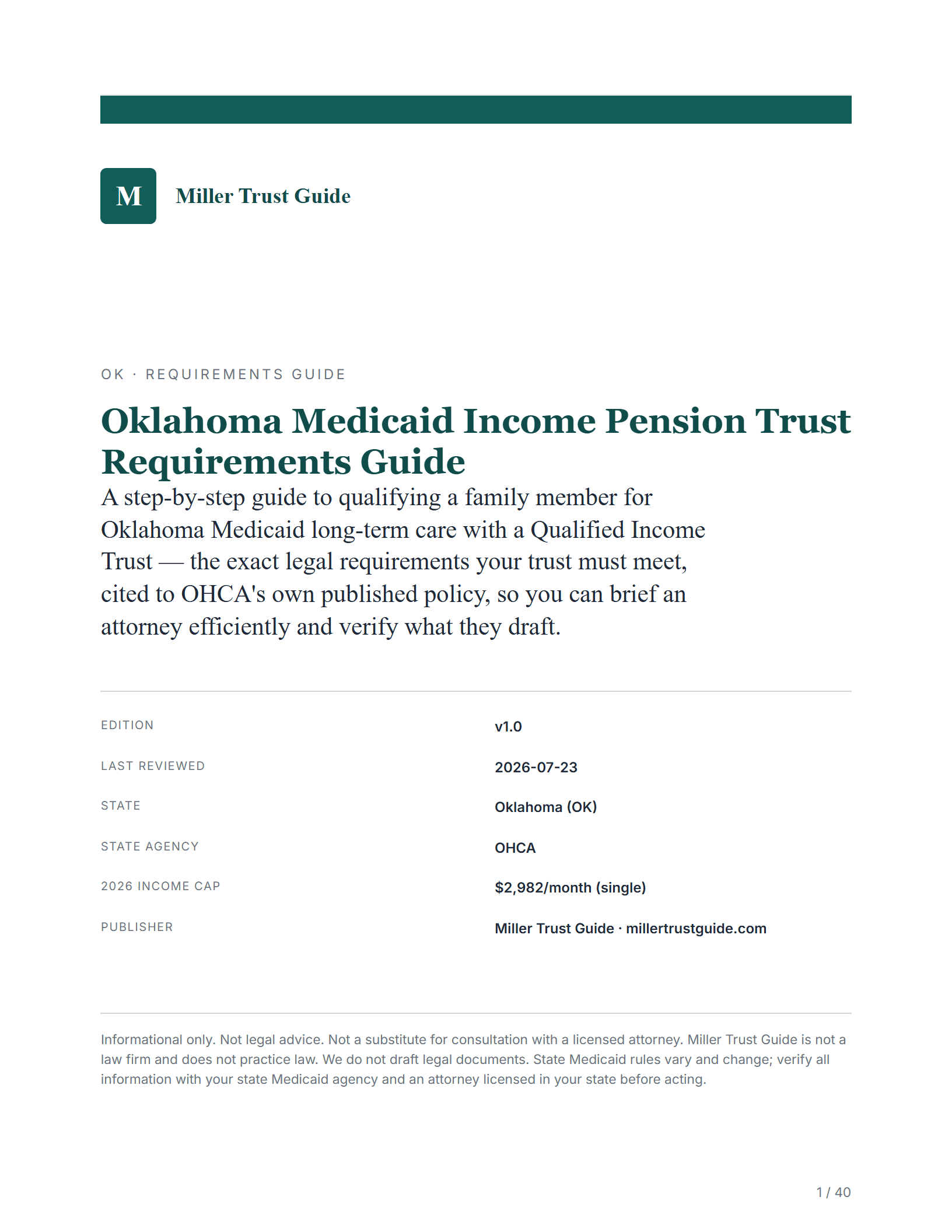 Cover & key facts — sample page from the Oklahoma Medicaid Income Pension Trust guide