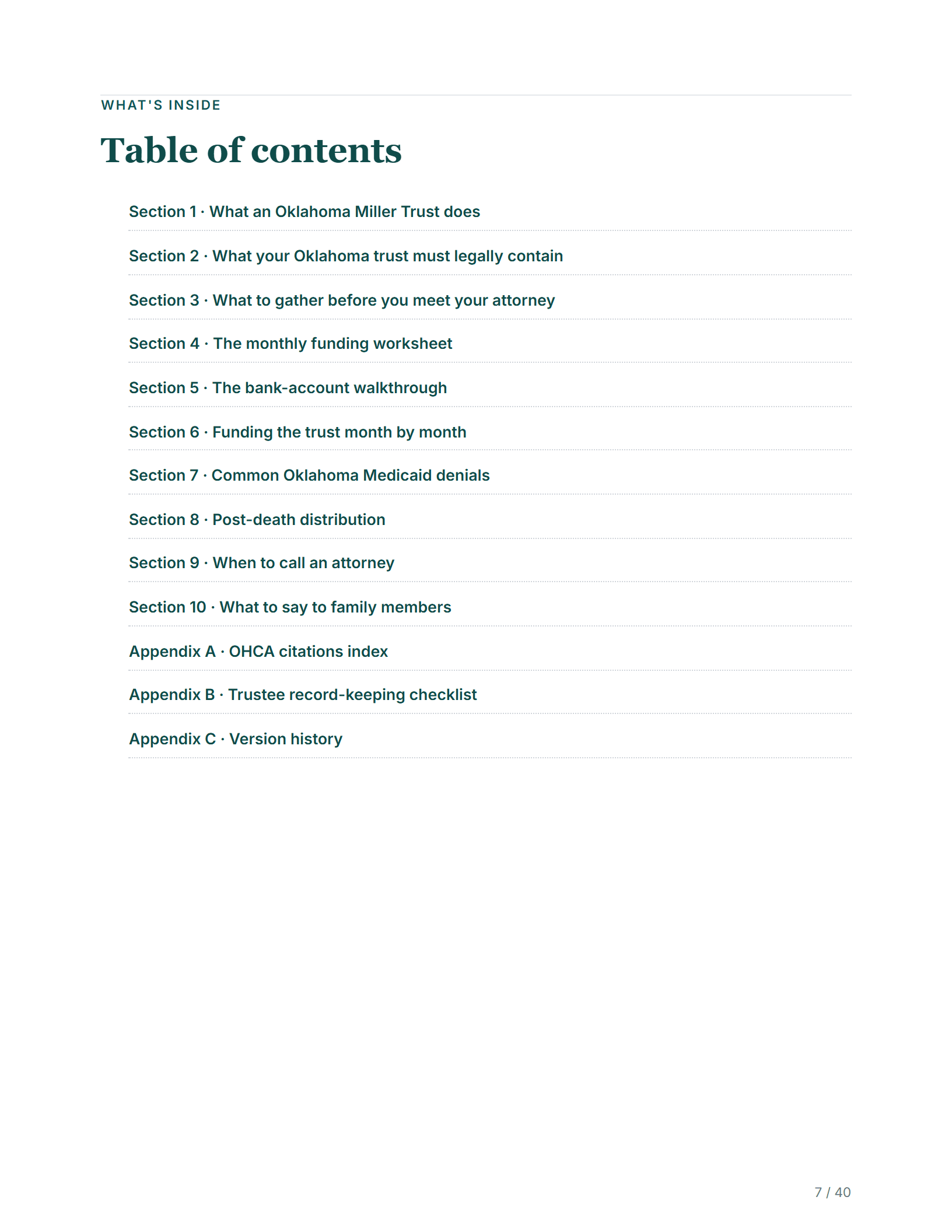 Table of contents — sample page from the Oklahoma Medicaid Income Pension Trust guide