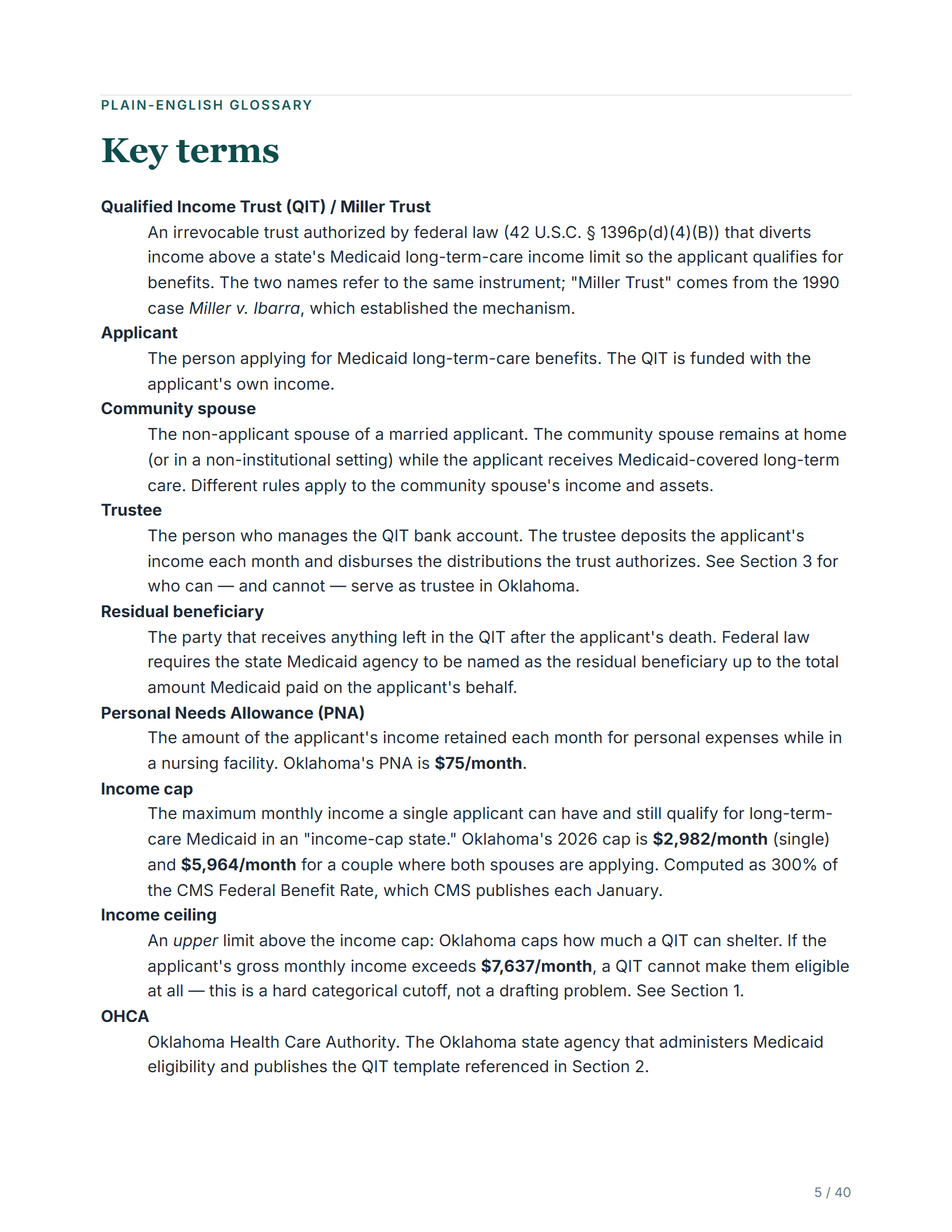 Plain-English glossary — sample page from the Oklahoma Medicaid Income Pension Trust guide