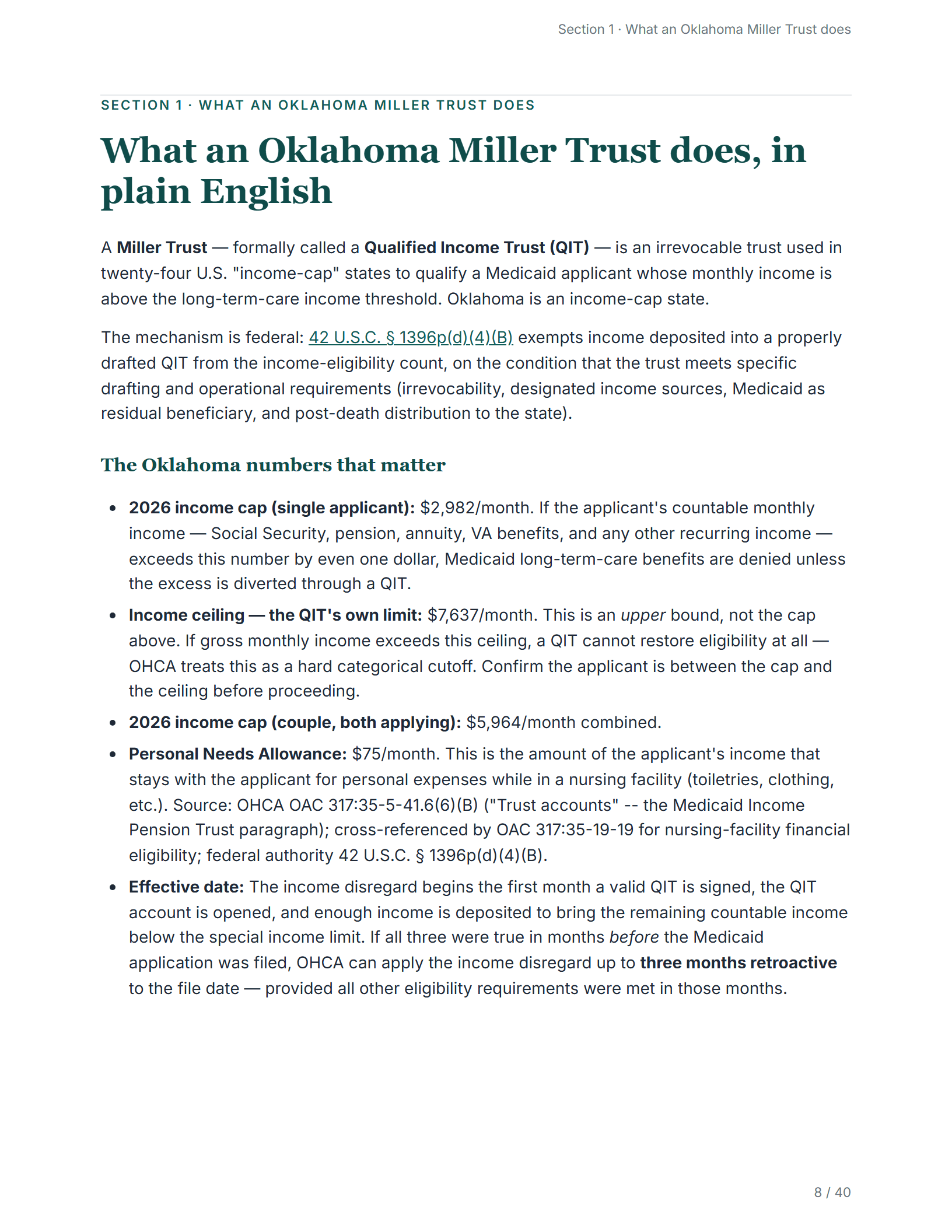 What it does, in plain English — sample page from the Oklahoma Medicaid Income Pension Trust guide
