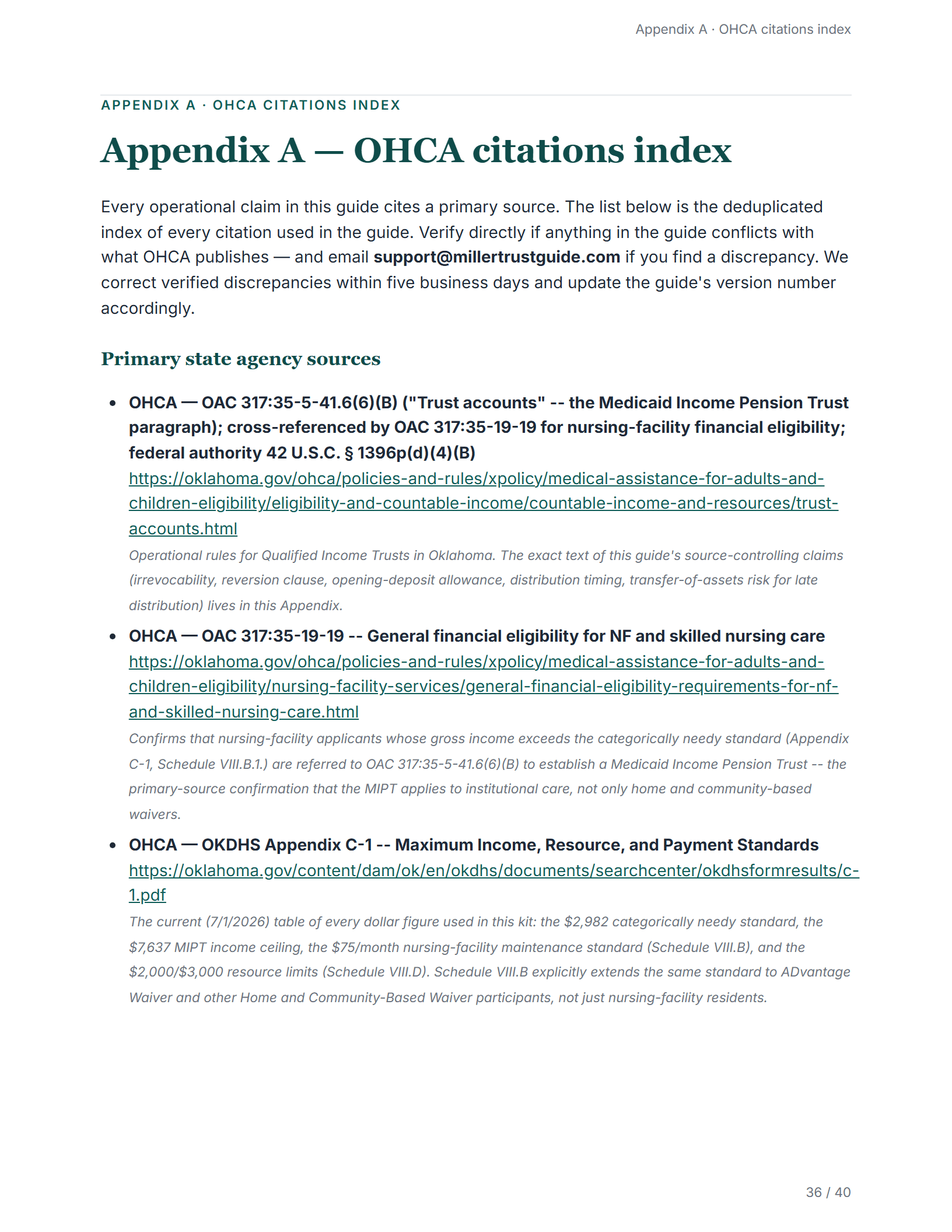 Citations index — sample page from the Oklahoma Medicaid Income Pension Trust guide
