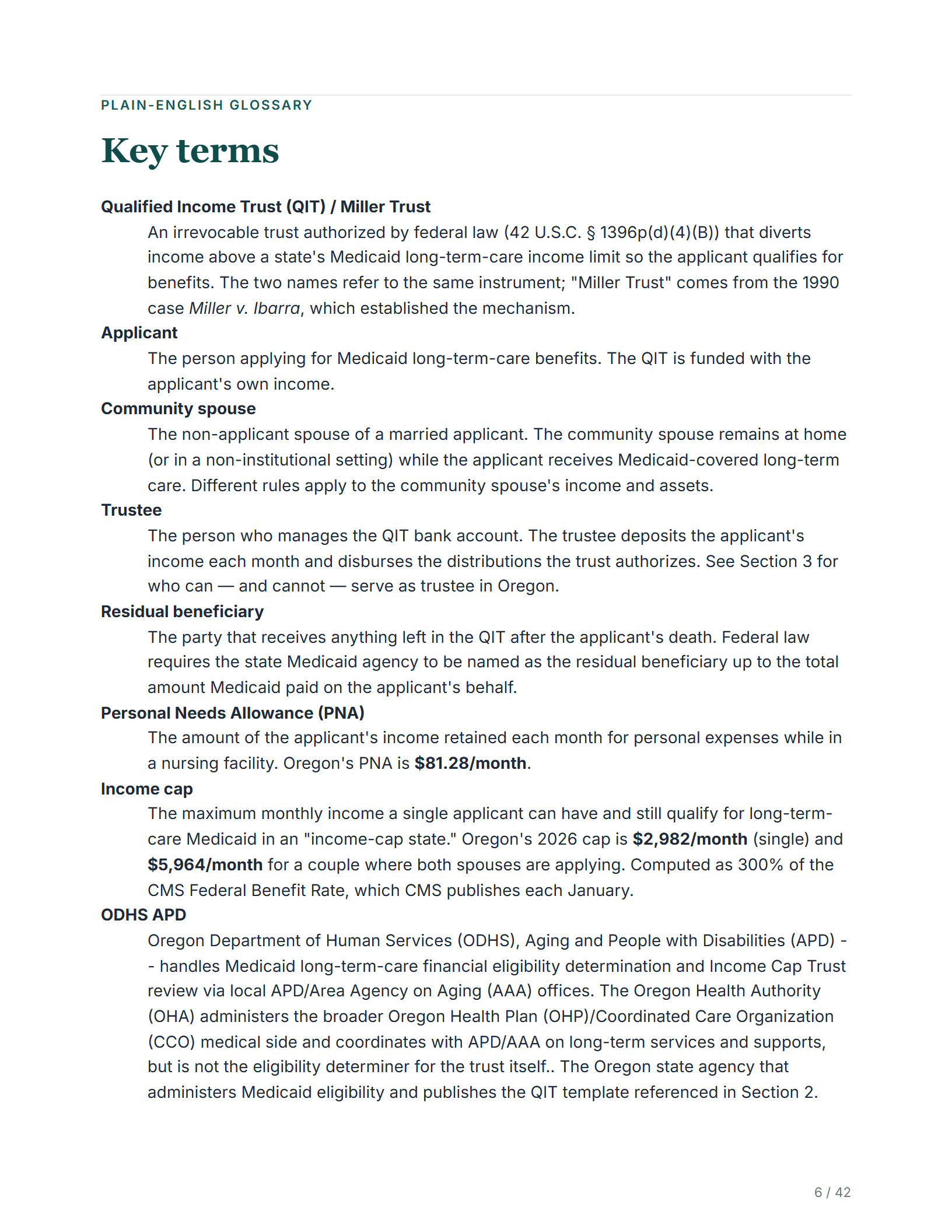 Plain-English glossary — sample page from the Oregon Income Cap Trust guide