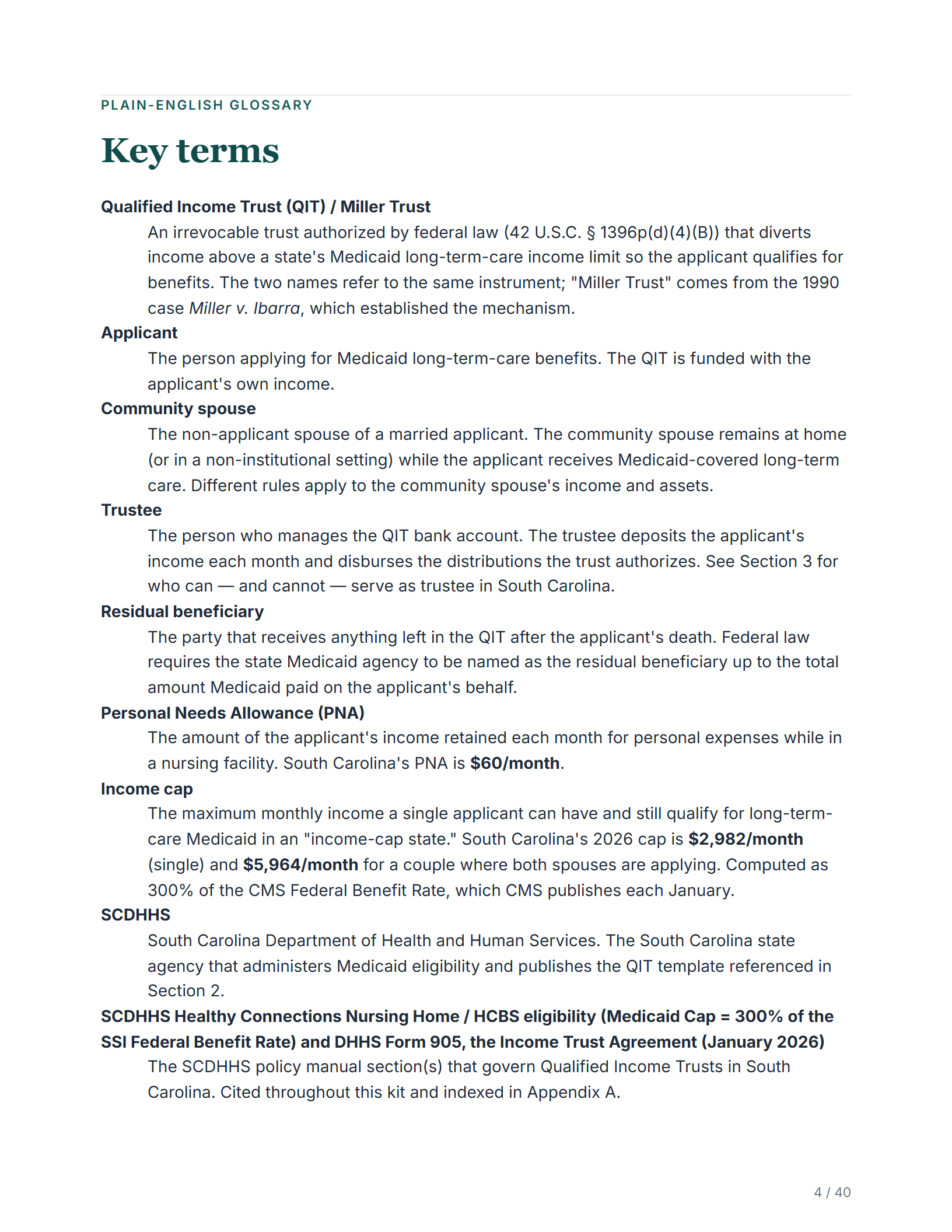 Plain-English glossary — sample page from the South Carolina Income Trust kit