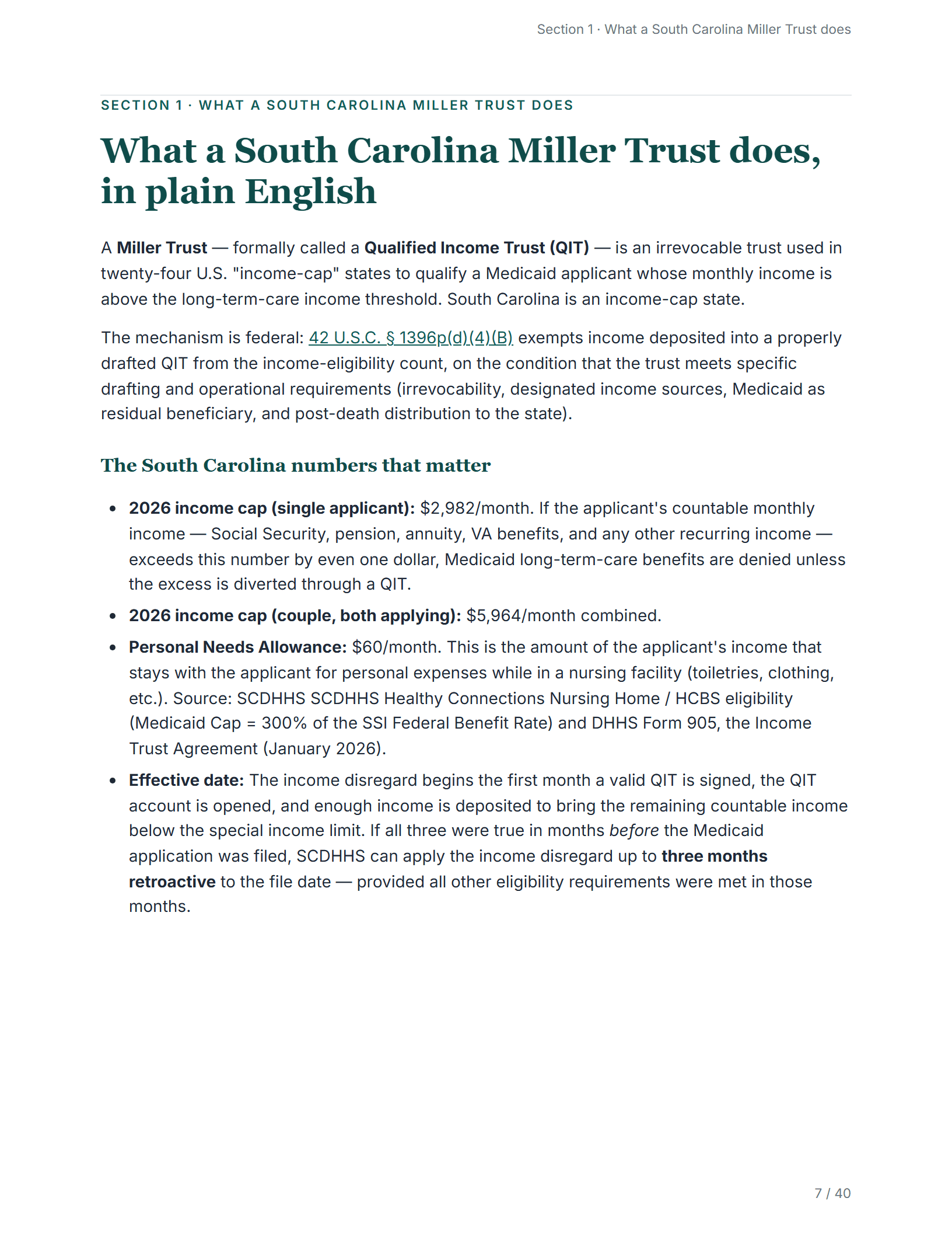 What it does, in plain English — sample page from the South Carolina Income Trust kit