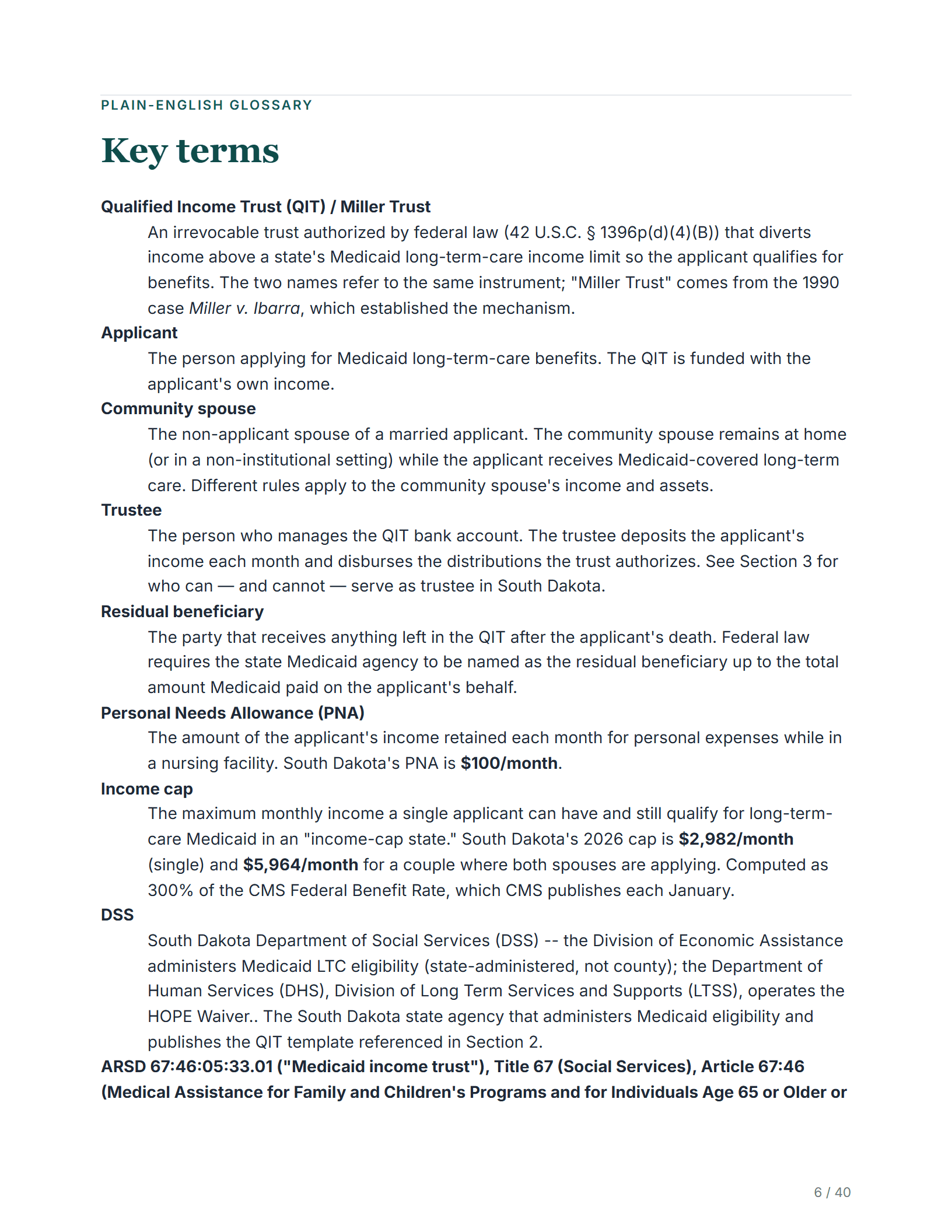 Plain-English glossary — sample page from the South Dakota Medicaid Income Trust guide