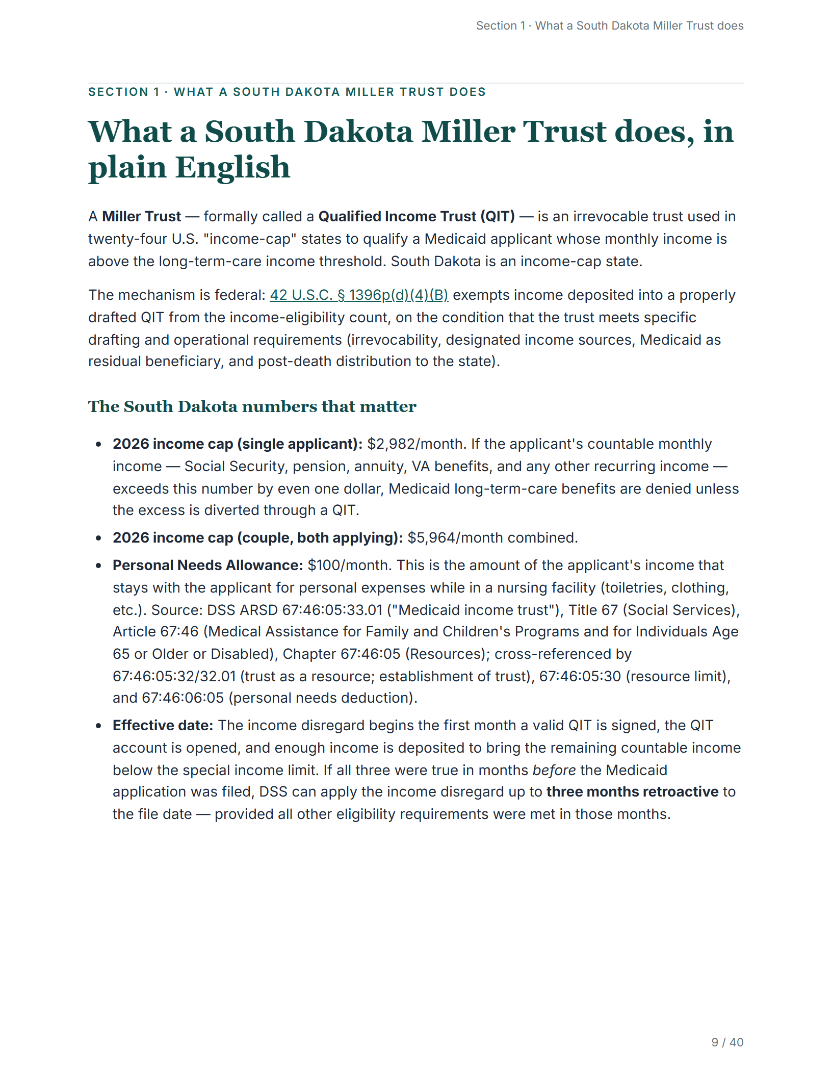 What it does, in plain English — sample page from the South Dakota Medicaid Income Trust guide